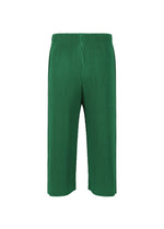 MONTHLY COLORS : MAY by HOMME PLISSÉ ISSEY MIYAKE: Green pleated wide-leg polyester pants with an elastic waistband and vertical ribbing for a textured, quick-drying look, shown on a white background.