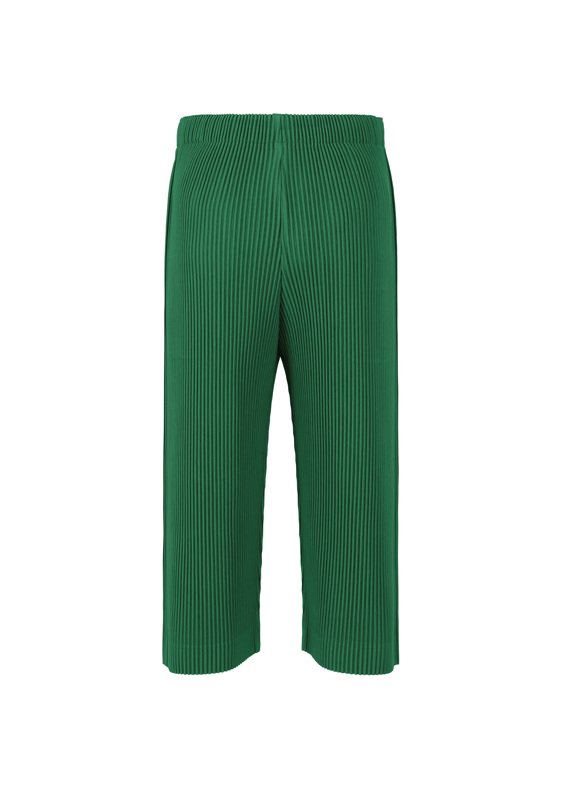 Zoomed view MONTHLY COLORS : MAY by HOMME PLISSÉ ISSEY MIYAKE: Green pleated wide-leg polyester pants with an elastic waistband and vertical ribbing for a textured, quick-drying look, shown on a white background.