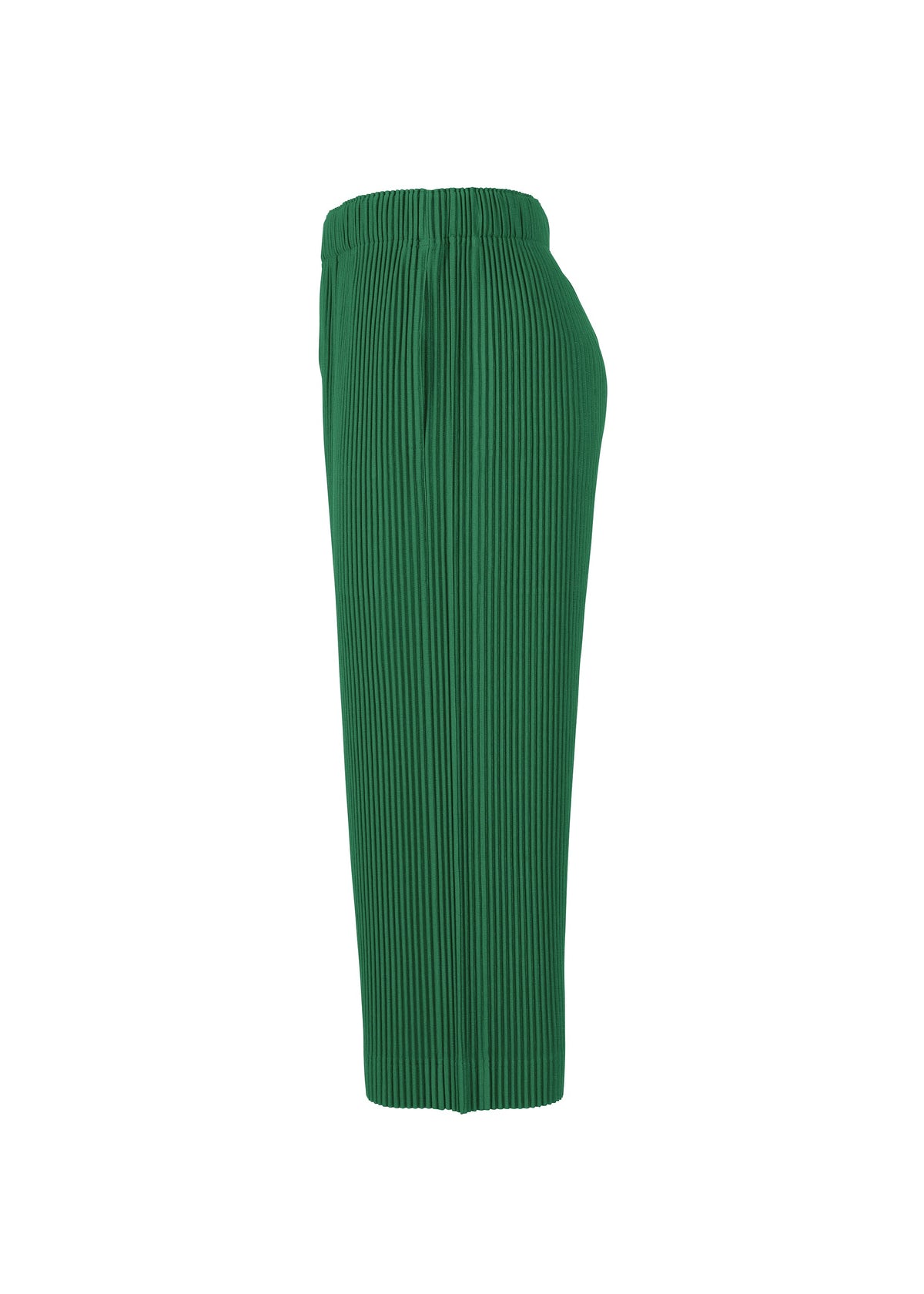 Side view of MONTHLY COLORS : MAY green polyester pants by HOMME PLISSÉ ISSEY MIYAKE, featuring an elastic waistband, pleats, and a straight, loose fit. Displayed against a white background. view 6 of 8