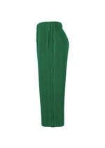 Side view of MONTHLY COLORS : MAY green polyester pants by HOMME PLISSÉ ISSEY MIYAKE, featuring an elastic waistband, pleats, and a straight, loose fit. Displayed against a white background.