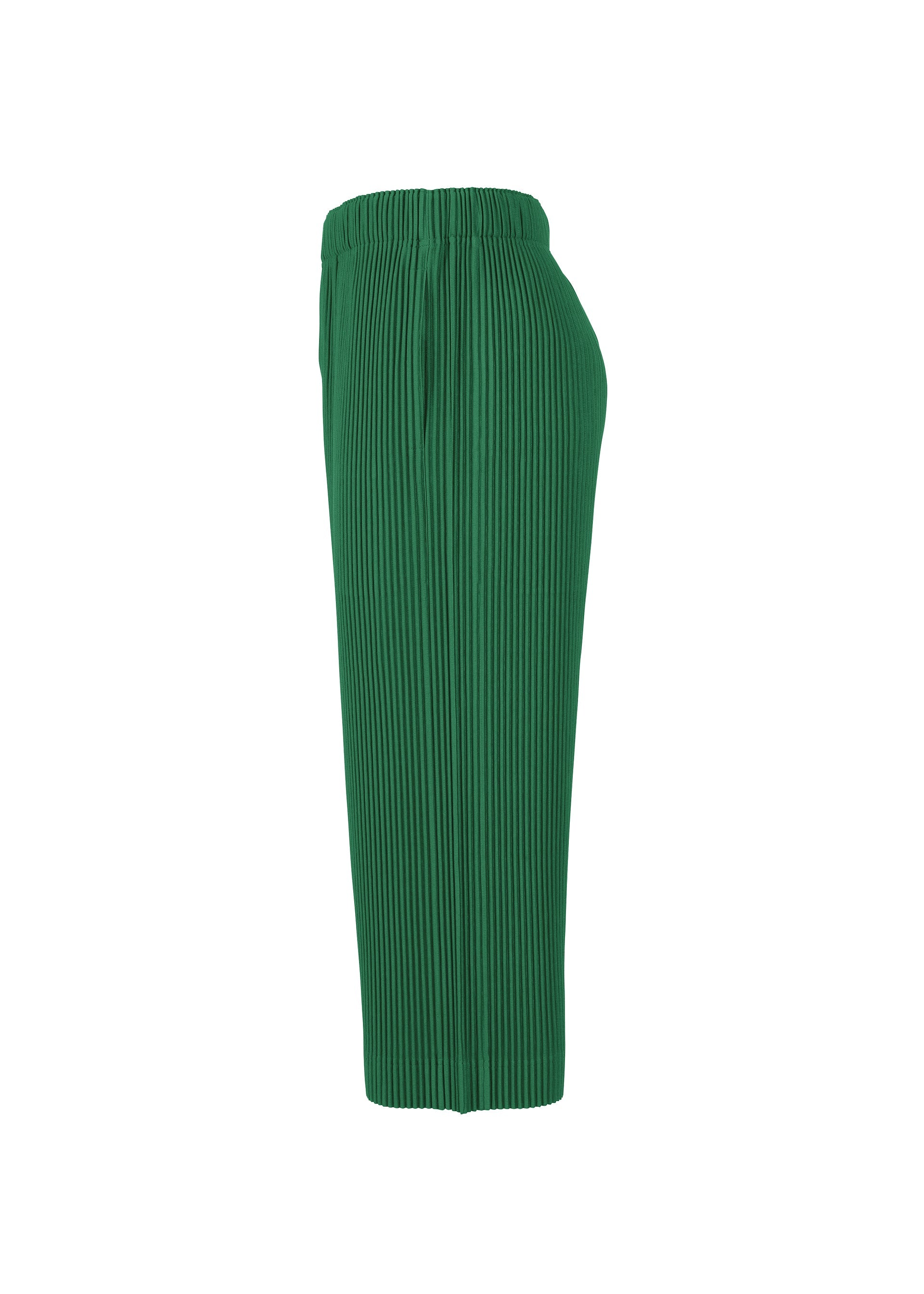Zoomed view Side view of MONTHLY COLORS : MAY green polyester pants by HOMME PLISSÉ ISSEY MIYAKE, featuring an elastic waistband, pleats, and a straight, loose fit. Displayed against a white background.
