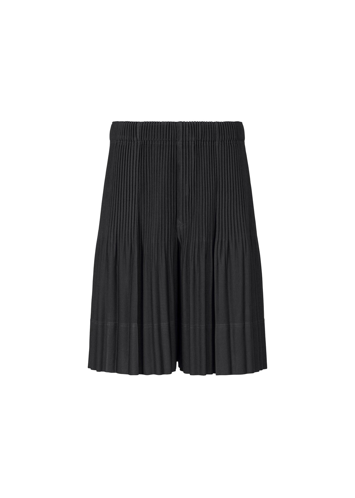 The MONTHLY COLORS : JUNE shorts by HOMME PLISSÉ ISSEY MIYAKE feature black pleated quick-drying polyester and an elastic waistband, shown against a plain white background. view 1 of 9