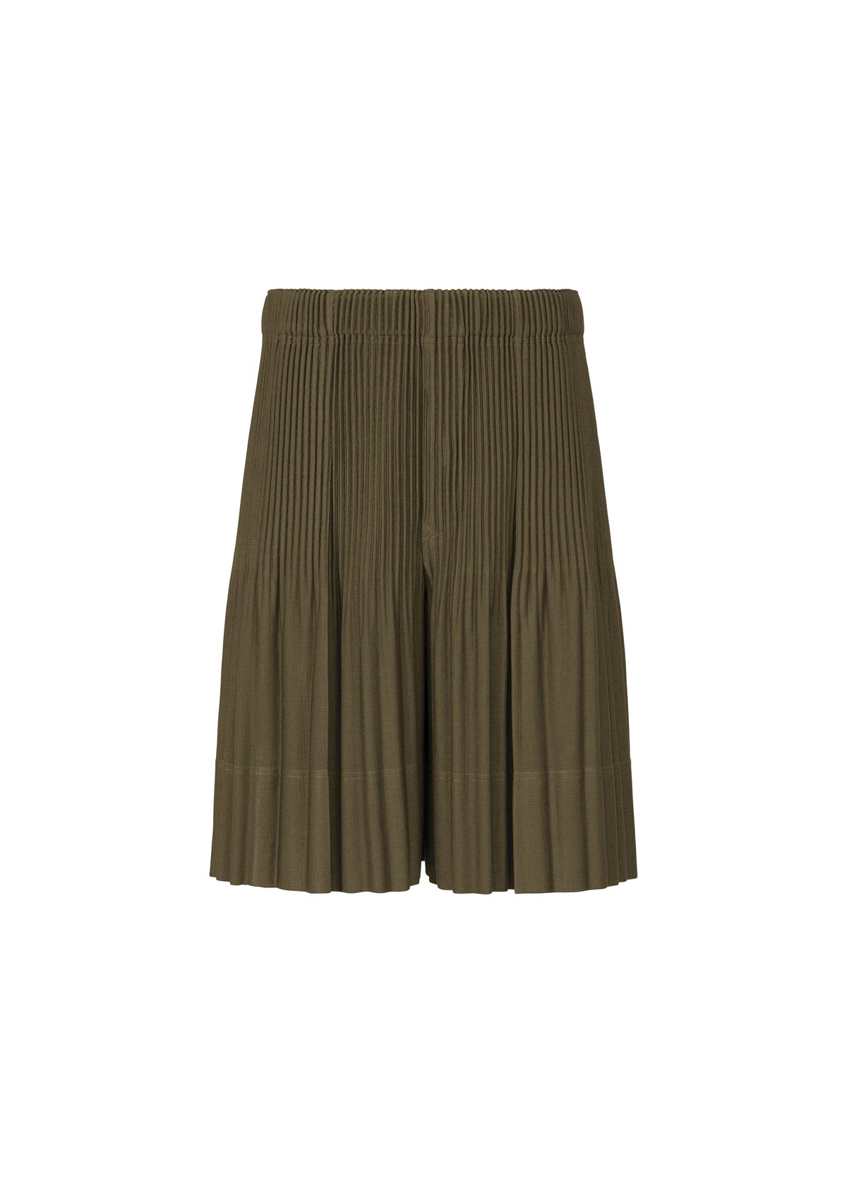 The MONTHLY COLORS : JUNE olive green pleated men's shorts by HOMME PLISSÉ ISSEY MIYAKE feature an elastic waistband and are made from quick-drying polyester for a lightweight feel, shown against a white background. view 2 of 9
