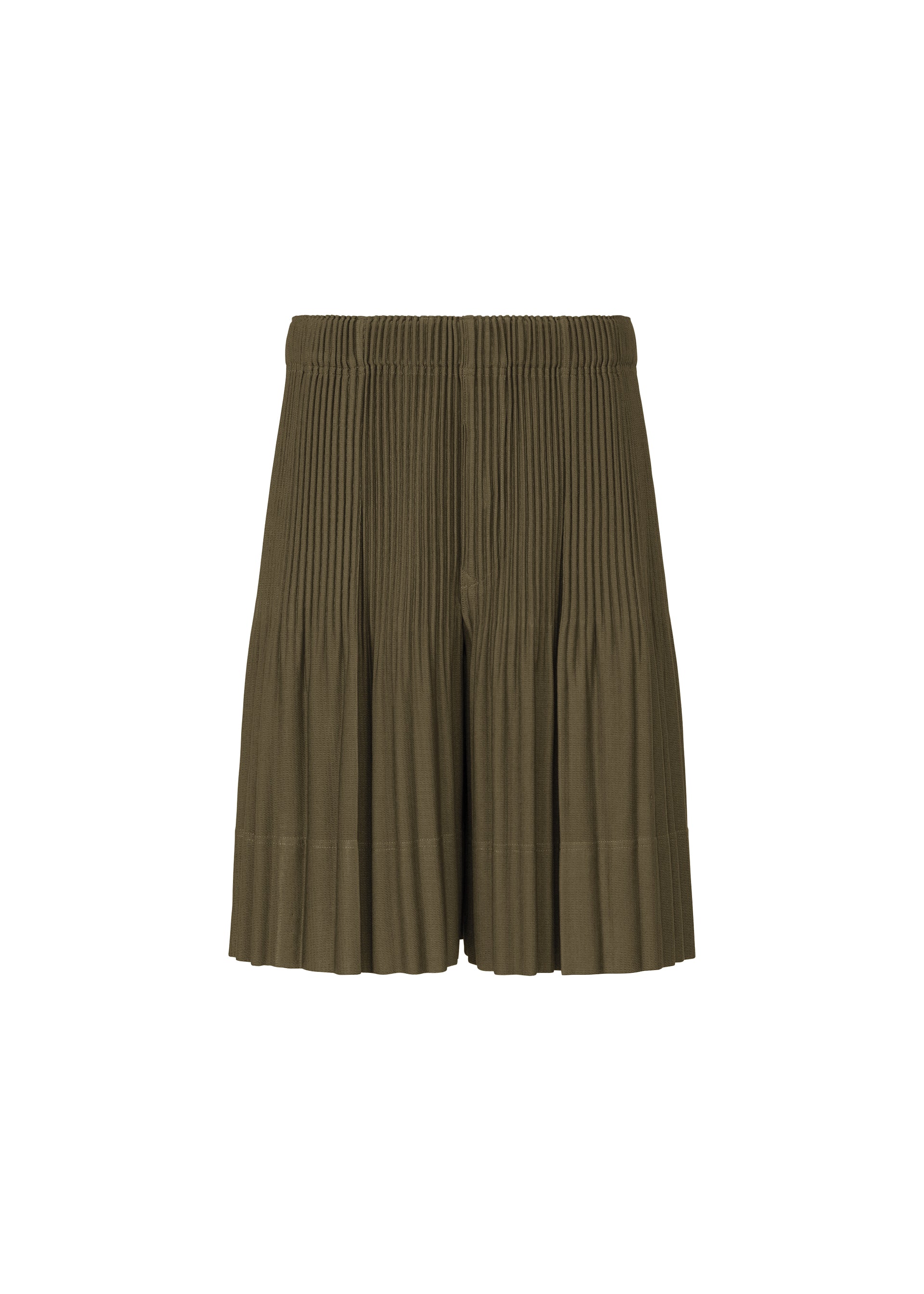 Zoomed view The MONTHLY COLORS : JUNE olive green pleated men's shorts by HOMME PLISSÉ ISSEY MIYAKE feature an elastic waistband and are made from quick-drying polyester for a lightweight feel, shown against a white background. - GENOVA METAL OCHER （no.37）
