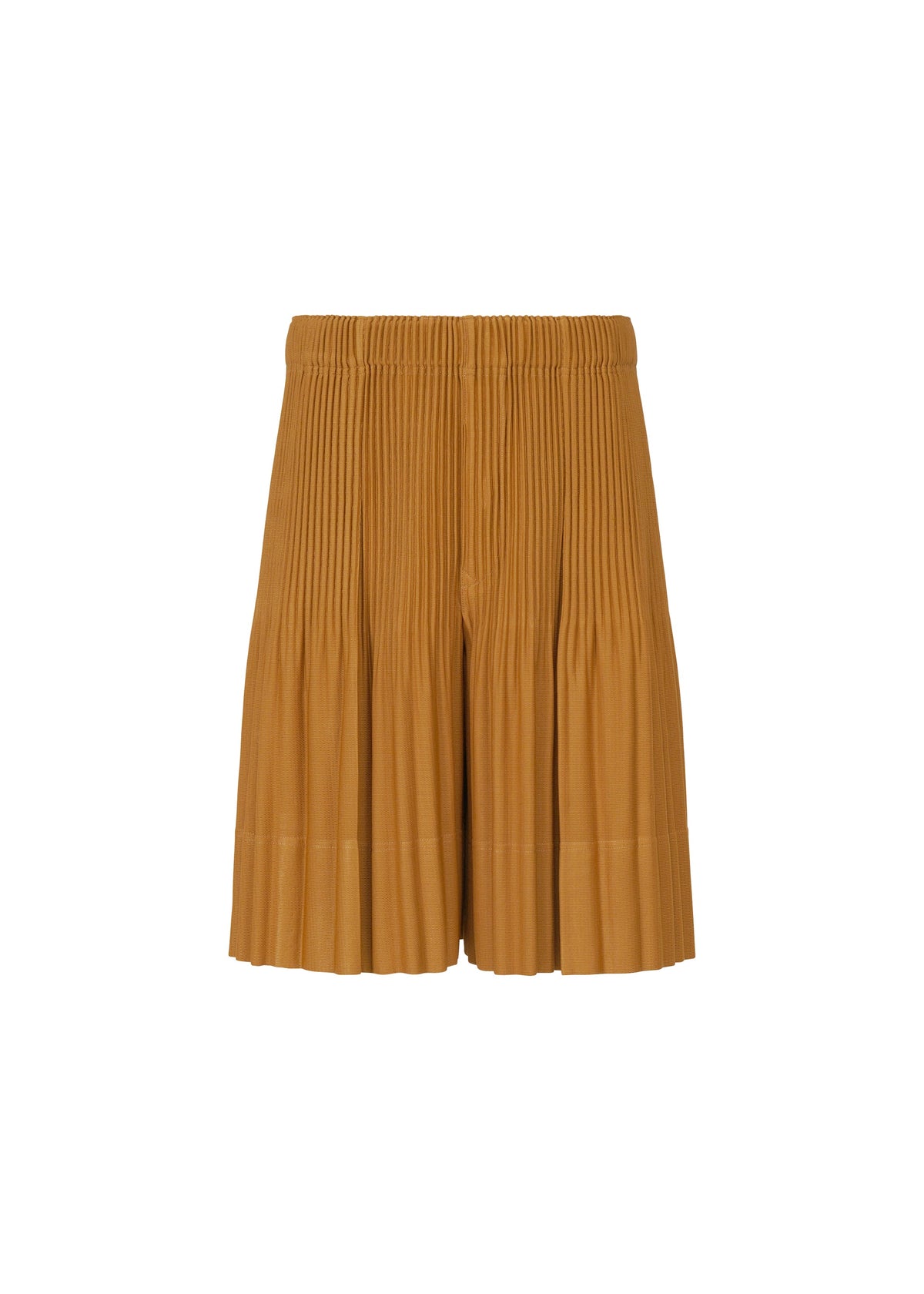 The MONTHLY COLORS : JUNE shorts by HOMME PLISSÉ ISSEY MIYAKE are high-waisted, knee-length, light brown pleated men's shorts made from quick-drying polyester, shown against a plain white background. view 3 of 9
