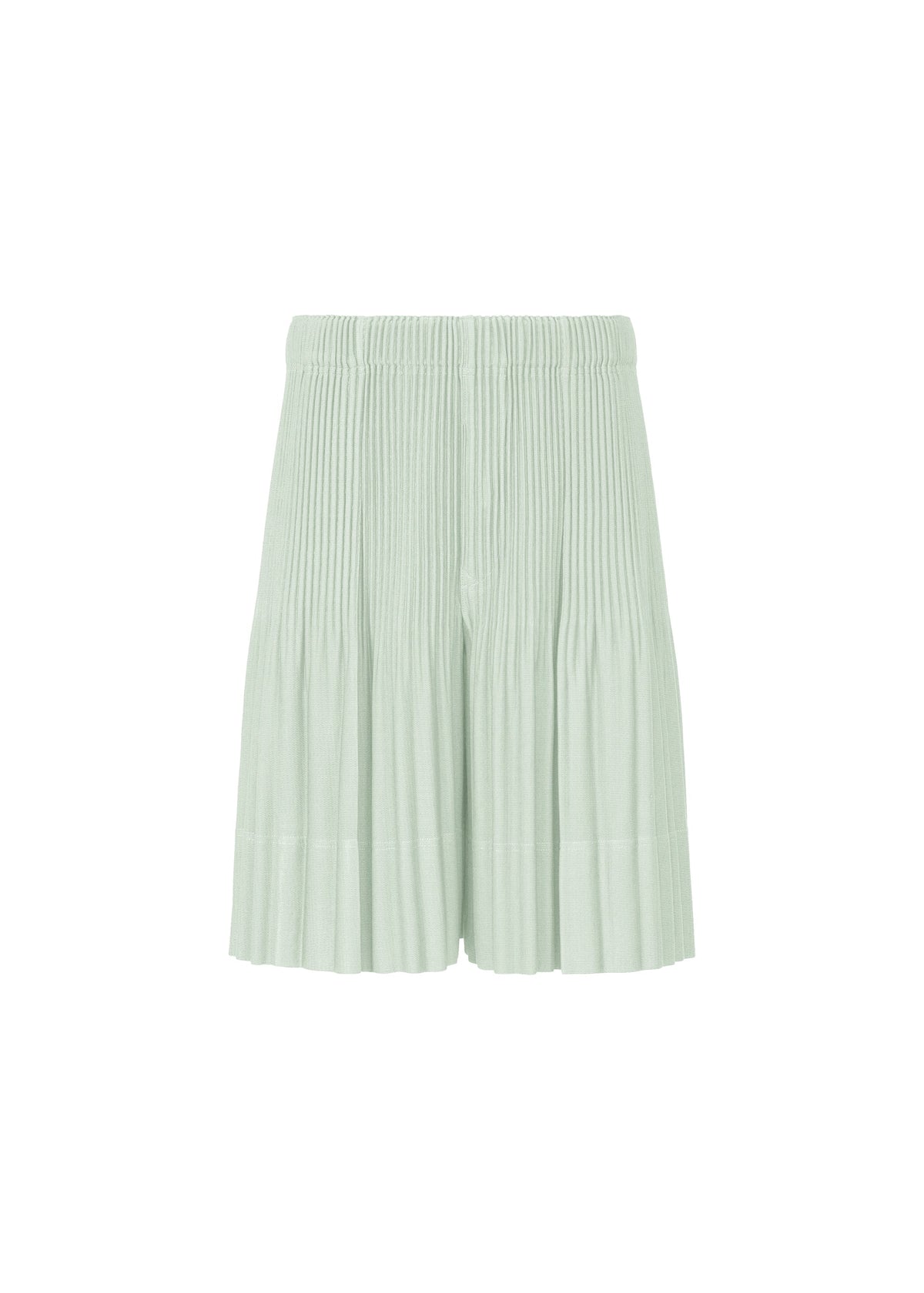 Light green pleated men's shorts, HOMME PLISSÉ ISSEY MIYAKE MONTHLY COLORS : JUNE, feature an elastic waistband and lightweight quick-dry polyester, shown against a white background. view 4 of 9