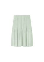 Light green pleated men's shorts, HOMME PLISSÉ ISSEY MIYAKE MONTHLY COLORS : JUNE, feature an elastic waistband and lightweight quick-dry polyester, shown against a white background. - BOBOLI MOSS ASH （no.70）