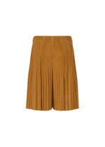 The MONTHLY COLORS : JUNE shorts by HOMME PLISSÉ ISSEY MIYAKE are pleated brown men's shorts made from quick-drying polyester, with an elastic waistband and lightweight feel, shown against a plain white background.