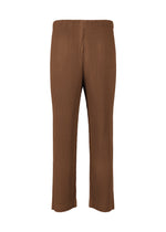 A pair of brown COLOR PLEATS 2 pants by HOMME PLISSÉ ISSEY MIYAKE, featuring pleated quick-drying polyester, an elastic waistband, and straight legs. Shown from the back on a plain white background with no visible pockets or embellishments.
