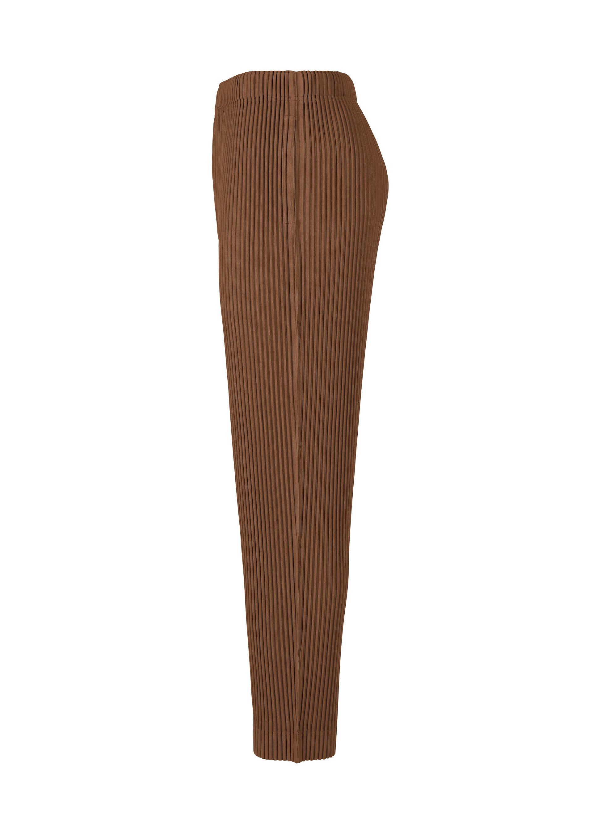 Zoomed view The COLOR PLEATS 2 pants by HOMME PLISSÉ ISSEY MIYAKE are high-waisted, brown pleated jersey pants with a vertical ribbed texture, elastic waistband, relaxed fit, and quick-drying polyester fabric. Shown from the side on white.