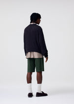 A person with short, twisted hair stands facing away, wearing a dark textured sweater over a long striped shirt, green COLOR PLEATS 2 shorts from HOMME PLISSÉ ISSEY MIYAKE, white socks, and dark shoes against a plain light background.