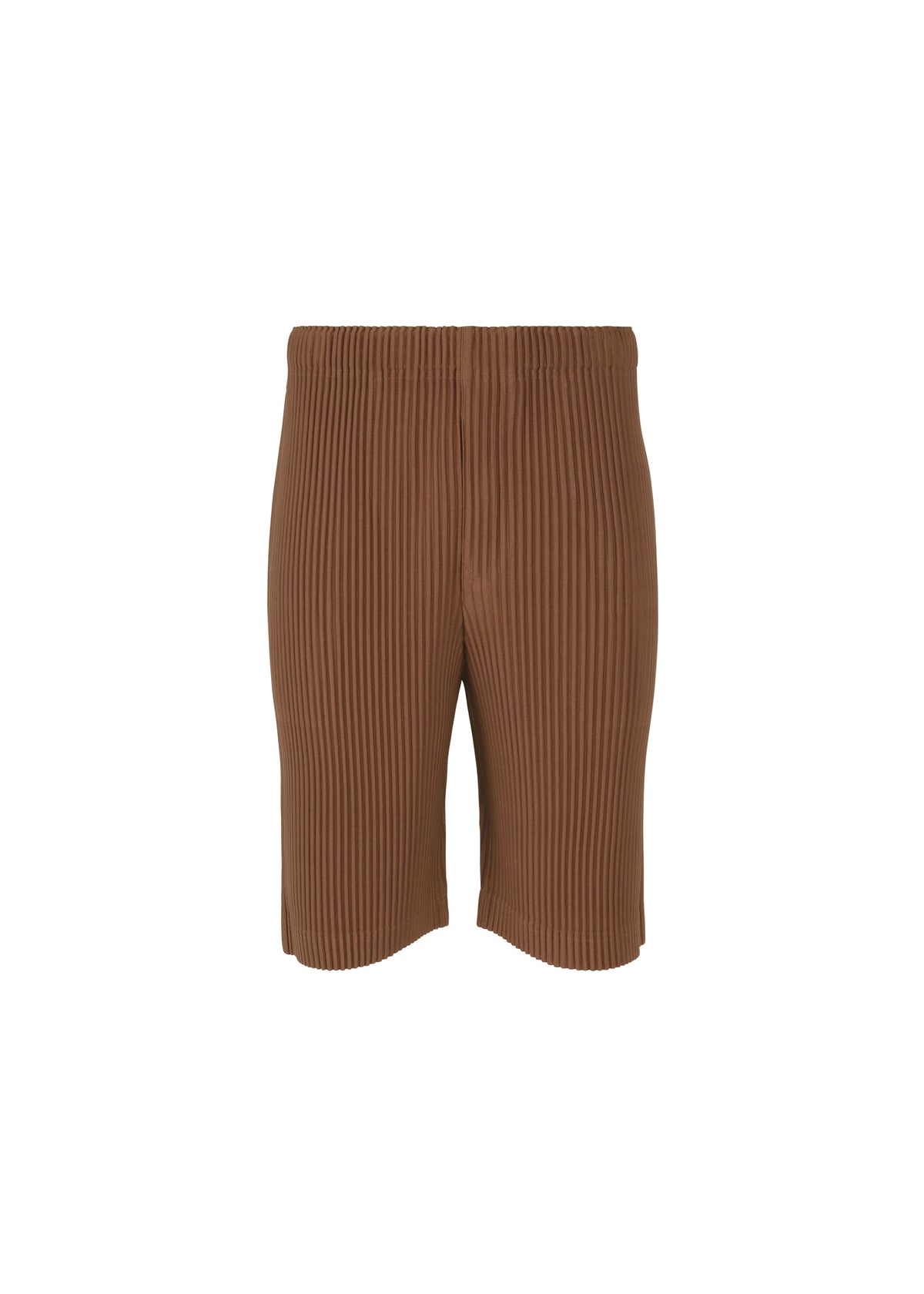 COLOR PLEATS 2 brown ribbed knit shorts by HOMME PLISSÉ ISSEY MIYAKE, featuring an elastic waistband and quick-drying fabric, displayed against a plain white background. view 2 of 5