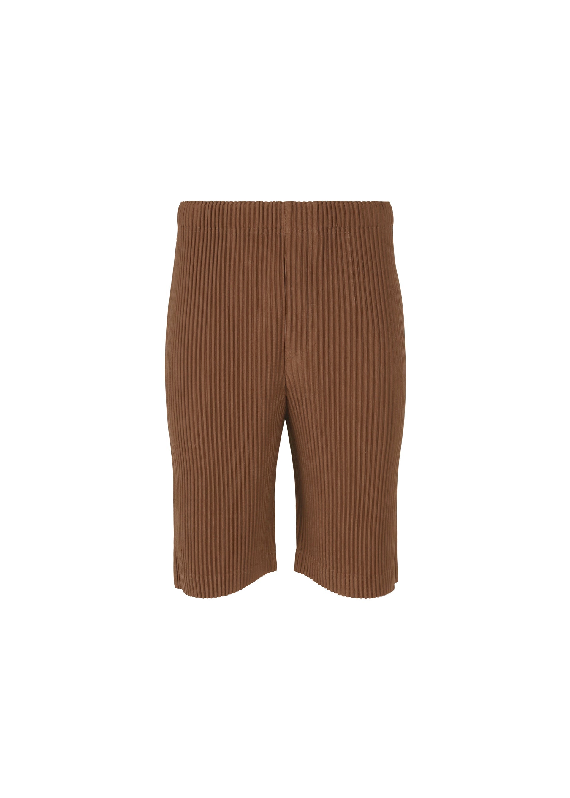 Zoomed view COLOR PLEATS 2 brown ribbed knit shorts by HOMME PLISSÉ ISSEY MIYAKE, featuring an elastic waistband and quick-drying fabric, displayed against a plain white background. - ANCHOR BROWN （no.48）