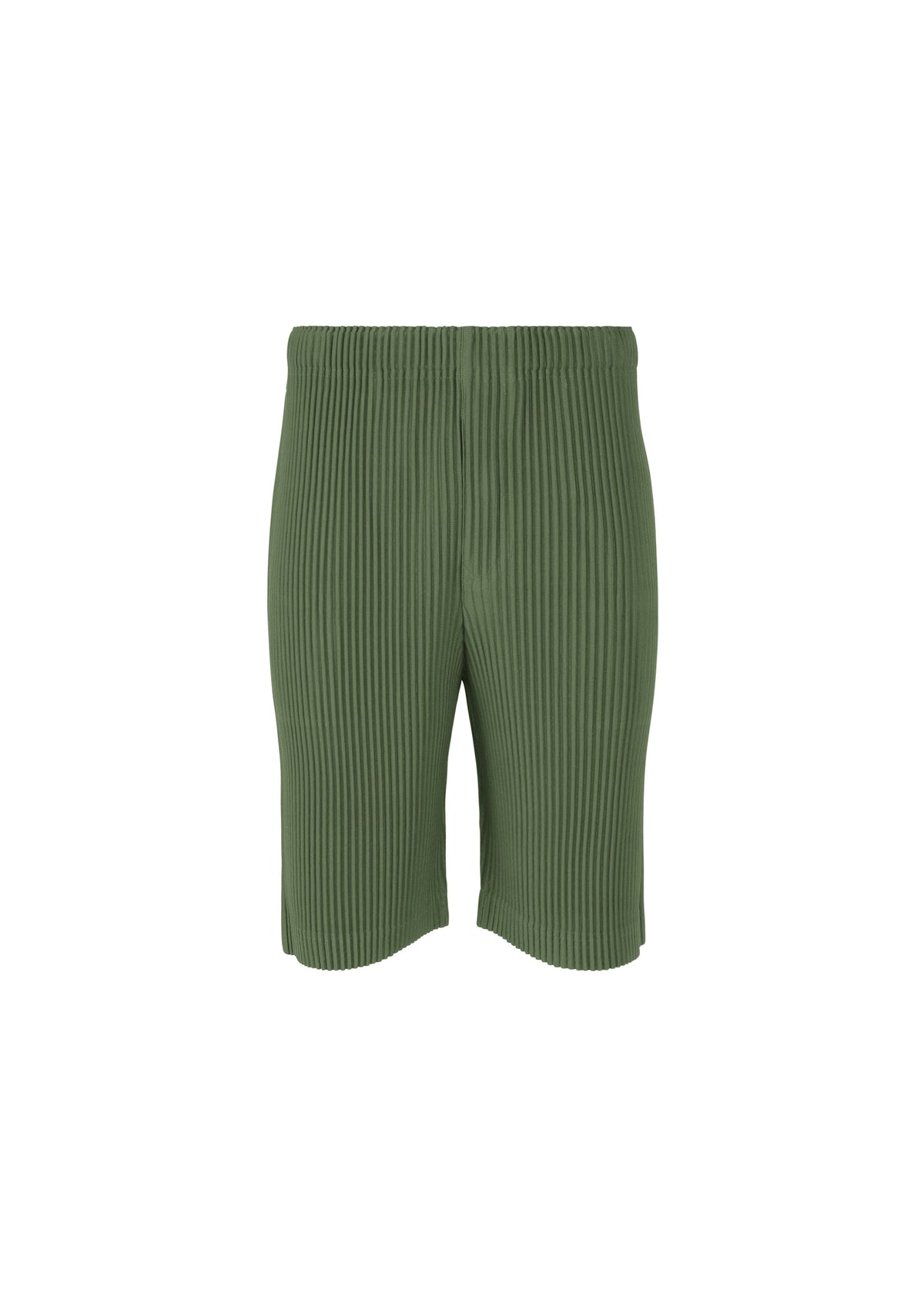 The COLOR PLEATS 2 shorts by HOMME PLISSÉ ISSEY MIYAKE are green ribbed knit shorts with an elastic waistband, straight hem, quick-drying fabric, and a textured, vertically lined pattern on a white background. view 1 of 5