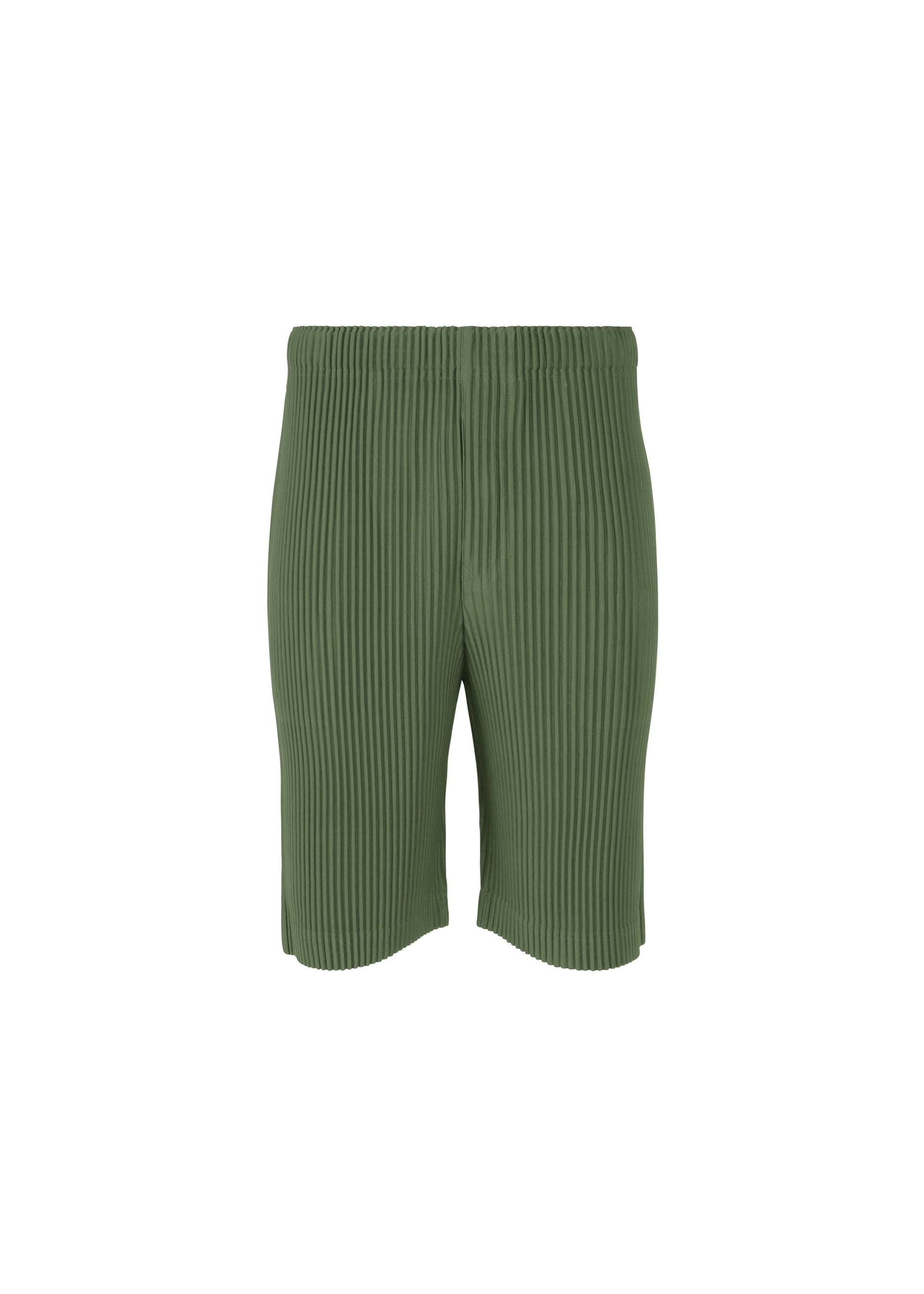 Zoomed view The COLOR PLEATS 2 shorts by HOMME PLISSÉ ISSEY MIYAKE are green ribbed knit shorts with an elastic waistband, straight hem, quick-drying fabric, and a textured, vertically lined pattern on a white background. - DUOMO DOOR GREEN （no.69）
