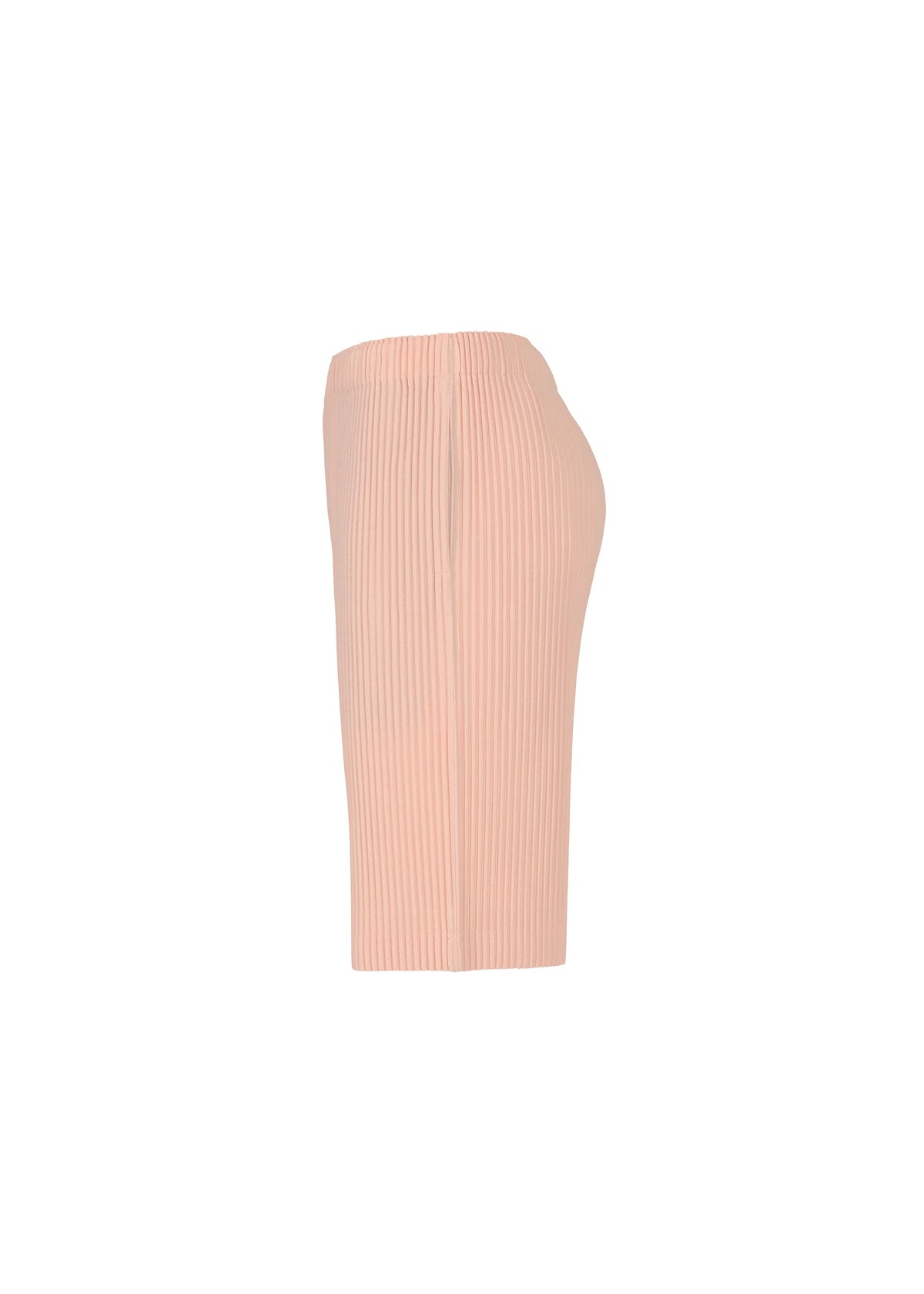 Light pink COLOR PLEATS 2 knee-length pencil skirt by HOMME PLISSÉ ISSEY MIYAKE shown side view on white background; features ribbed texture, elastic waistband, and a fitted silhouette inspired by the brand’s quick-drying designs. view 3 of 5