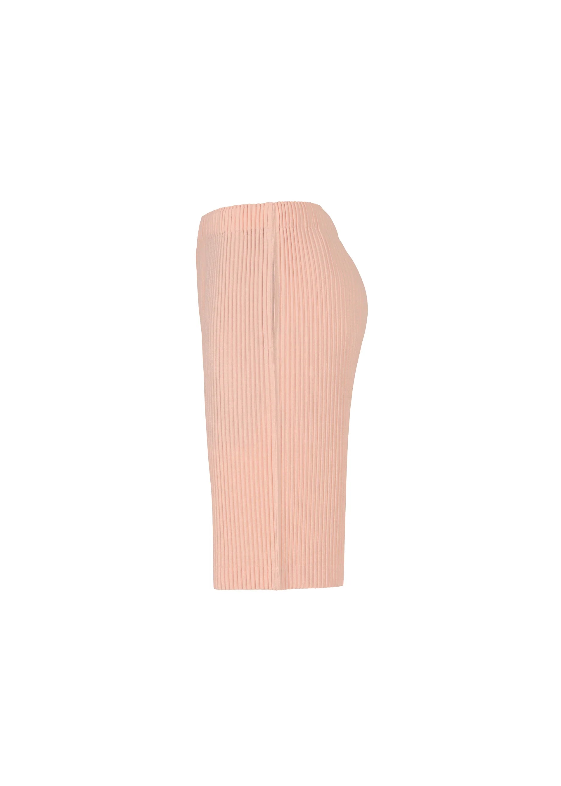 Zoomed view Light pink COLOR PLEATS 2 knee-length pencil skirt by HOMME PLISSÉ ISSEY MIYAKE shown side view on white background; features ribbed texture, elastic waistband, and a fitted silhouette inspired by the brand’s quick-drying designs.