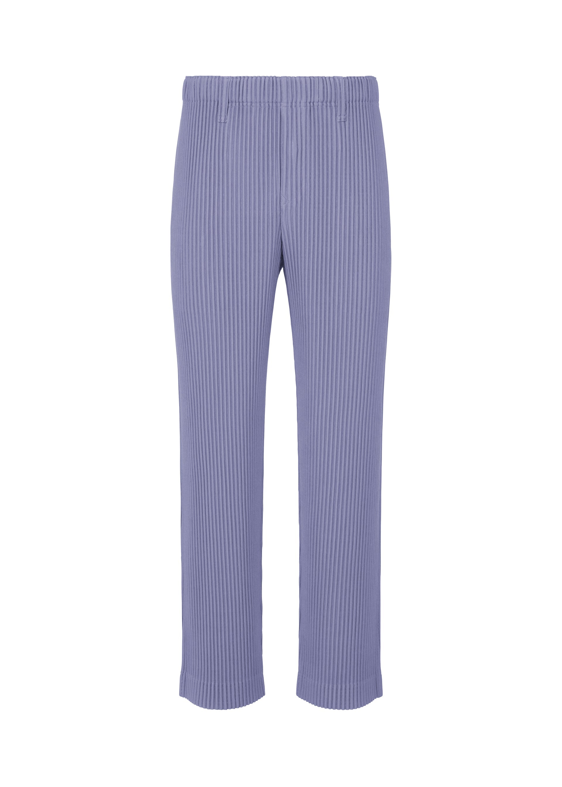 Zoomed view TAILORED PLEATS 1 pants by HOMME PLISSÉ ISSEY MIYAKE in lavender ribbed knit with a straight-leg cut, elastic waistband, and full length, shown on a plain white background. - MANAROLA WALL VIOLET （no.80）