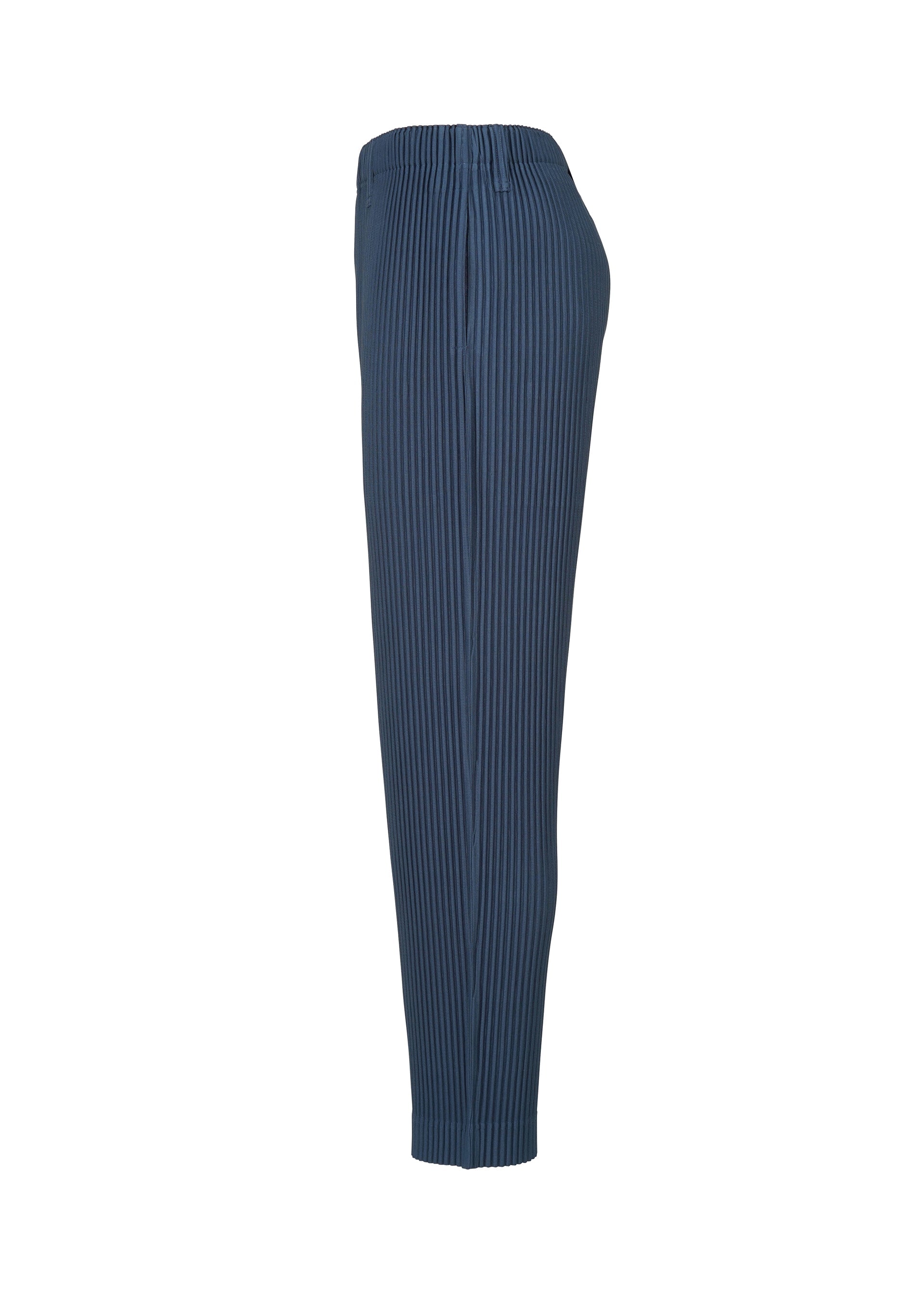 Zoomed view Side view of TAILORED PLEATS 1 by HOMME PLISSÉ ISSEY MIYAKE: blue, high-waisted, quick-drying pants with vertical stripes, elastic waistband, and tapered I-line silhouette, displayed on a white background.