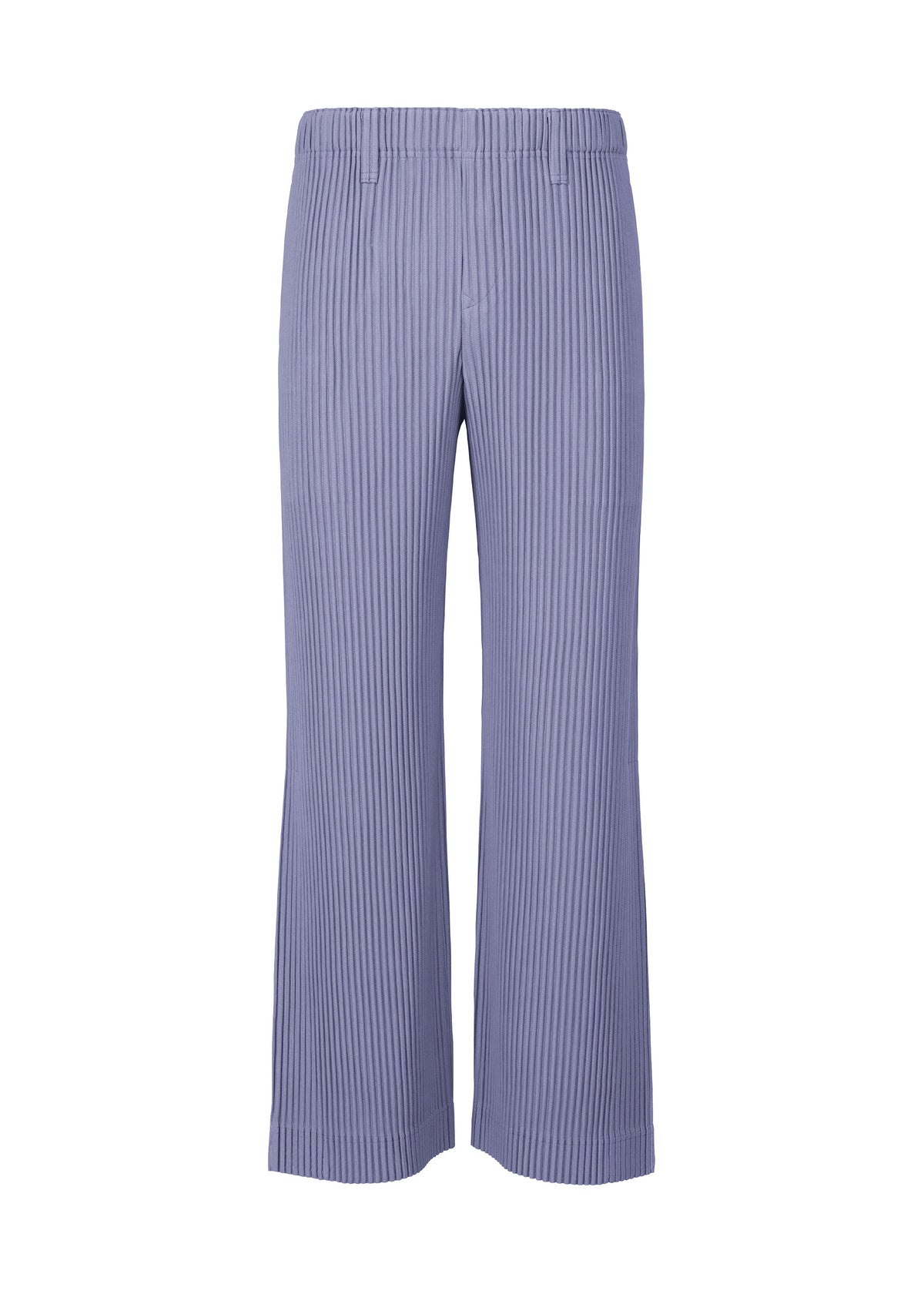 The TAILORED PLEATS 1 pants by HOMME PLISSÉ ISSEY MIYAKE are light purple, high-waisted, flared, with a wide-leg silhouette and vertical ribbed texture in quick-drying polyester, displayed against a white background. view 3 of 7