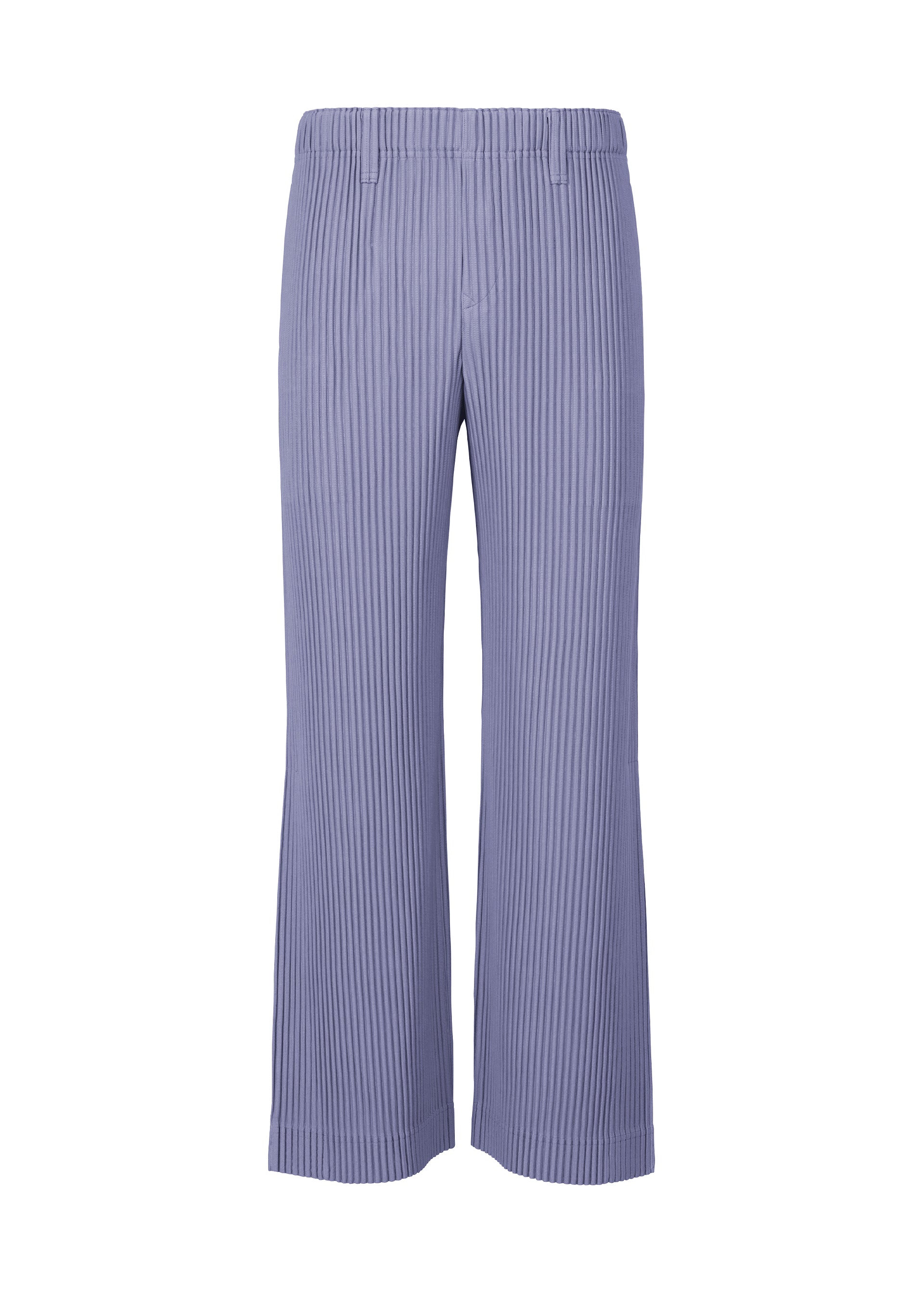 Zoomed view The TAILORED PLEATS 1 pants by HOMME PLISSÉ ISSEY MIYAKE are light purple, high-waisted, flared, with a wide-leg silhouette and vertical ribbed texture in quick-drying polyester, displayed against a white background. - MANAROLA WALL VIOLET （no.80）