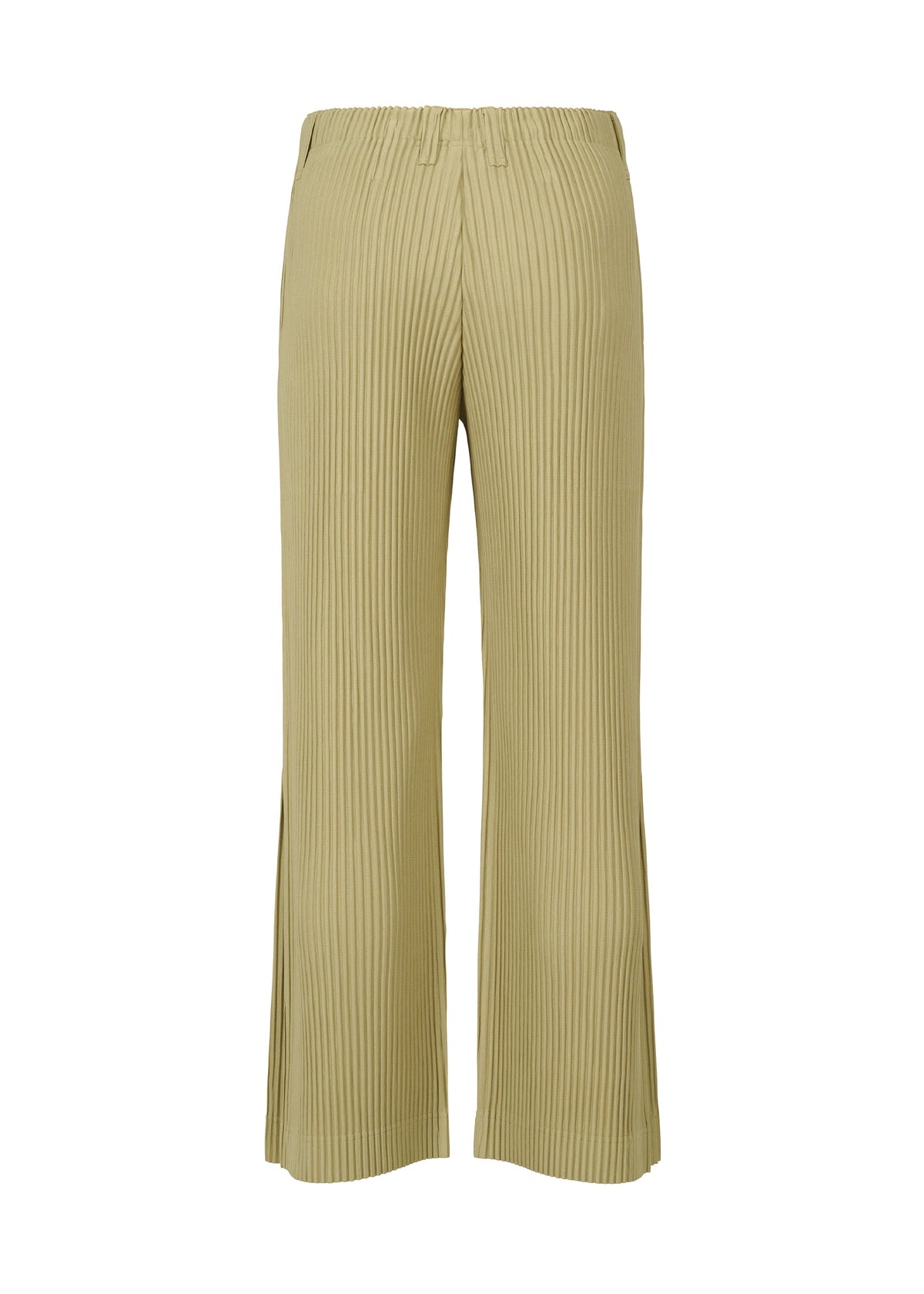 The TAILORED PLEATS 1 pants by HOMME PLISSÉ ISSEY MIYAKE are light olive green pleated polyester trousers with a high waist and wide, flared legs, displayed from the front against a white background. view 4 of 7