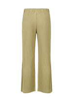 The TAILORED PLEATS 1 pants by HOMME PLISSÉ ISSEY MIYAKE are light olive green pleated polyester trousers with a high waist and wide, flared legs, displayed from the front against a white background.