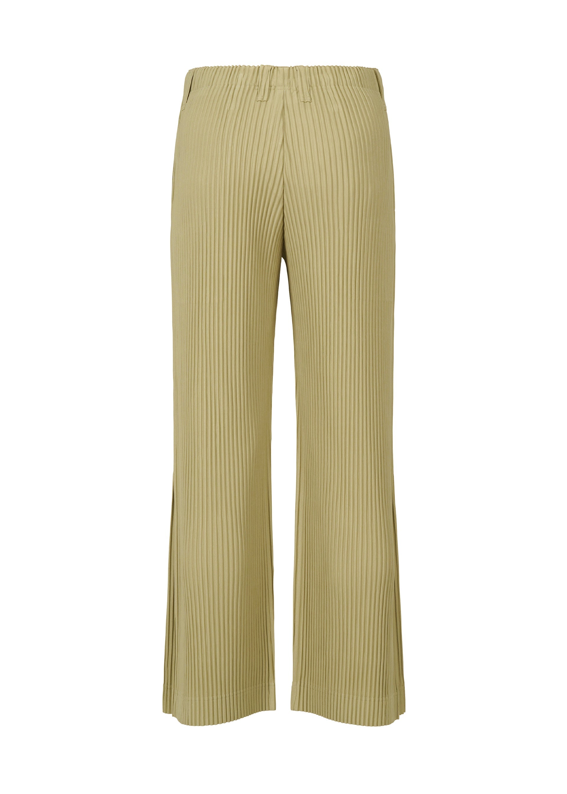 Zoomed view The TAILORED PLEATS 1 pants by HOMME PLISSÉ ISSEY MIYAKE are light olive green pleated polyester trousers with a high waist and wide, flared legs, displayed from the front against a white background.