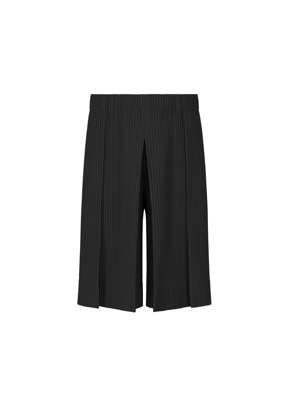 The HOMME PLISSÉ ISSEY MIYAKE TAILORED PLEATS 2 features black pleated hakama-style shorts with an elastic waistband, crafted from quick-drying polyester and shown against a plain white background. view 1 of 9
