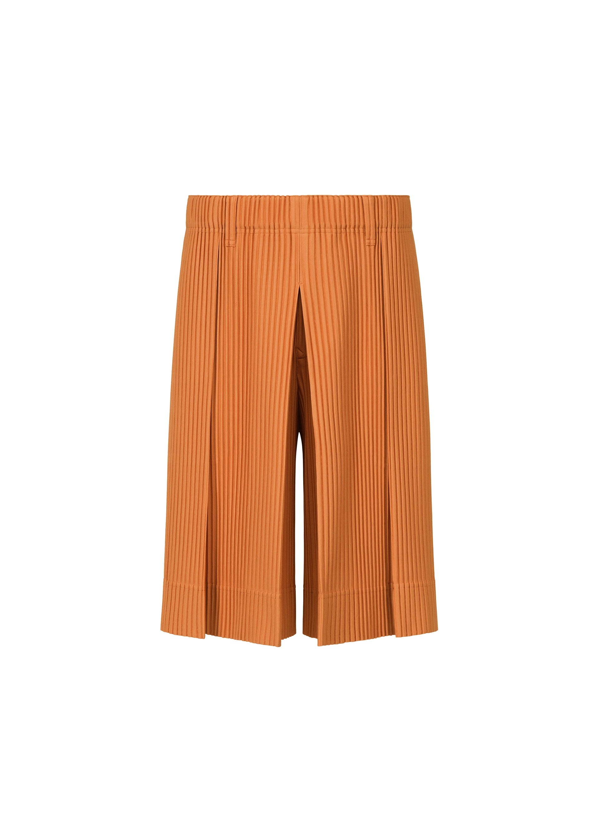 Zoomed view The TAILORED PLEATS 2 by HOMME PLISSÉ ISSEY MIYAKE are orange, knee-length hakama-style shorts with an elastic waistband, made from quick-drying polyester and shown on a plain white background. - MANAROLA BRICK BROWN （no.47）