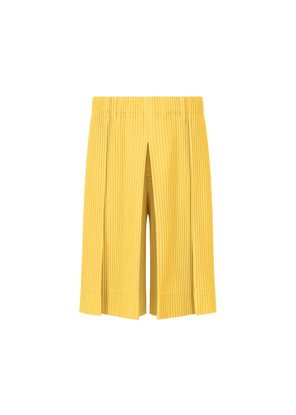 The TAILORED PLEATS 2 shorts by HOMME PLISSÉ ISSEY MIYAKE are yellow hakama-style pleated shorts with an elastic waistband, crafted from quick-drying polyester and shown on a plain white background. view 3 of 9