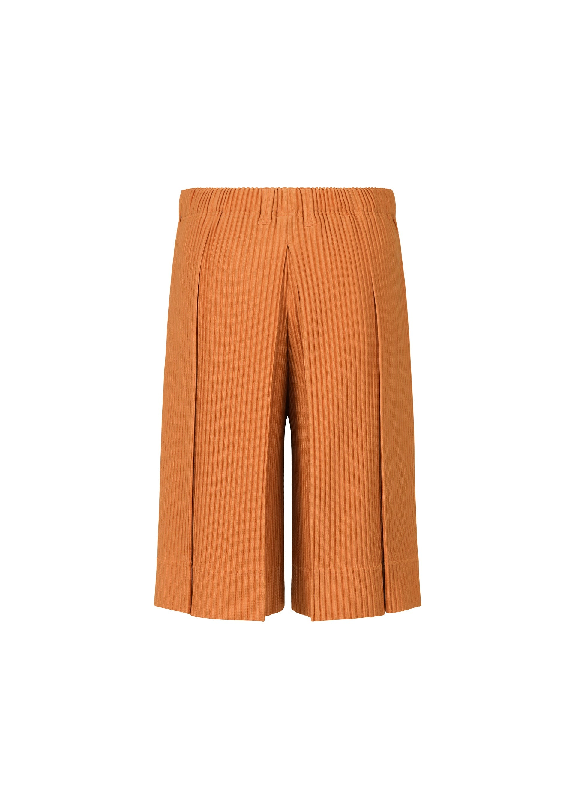 Zoomed view TAILORED PLEATS 2 knee-length orange hakama-style shorts by HOMME PLISSÉ ISSEY MIYAKE, featuring an elastic waistband and wide cuffs, made from quick-drying polyester and shown on a white background.