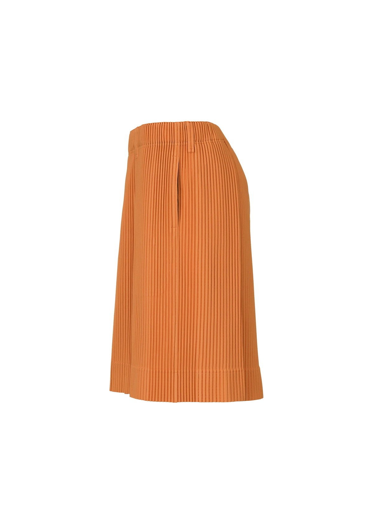 Side view of the TAILORED PLEATS 2 skirt by HOMME PLISSÉ ISSEY MIYAKE—a knee-length, high-waisted orange pleated polyester skirt with a fitted waistband and vertical ribbing, shown on a white background. view 5 of 9