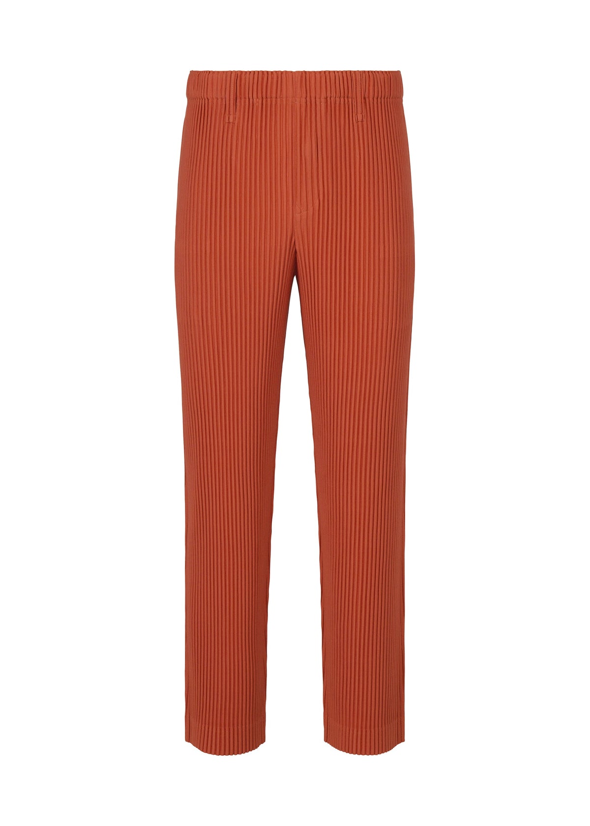 The TAILORED PLEATS 3 by HOMME PLISSÉ ISSEY MIYAKE are rust-colored, straight-leg trousers in ribbed quick-dry polyester with an elastic waistband and no visible pockets—shown on a white background. view 1 of 7