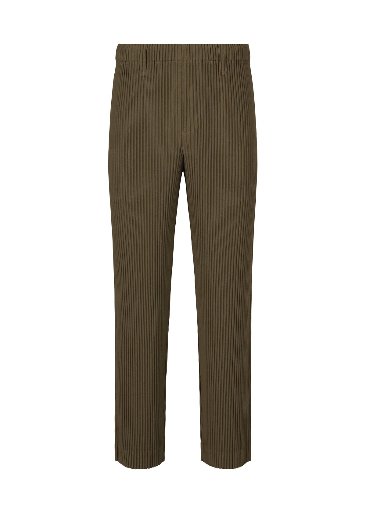 The TAILORED PLEATS 3 by HOMME PLISSÉ ISSEY MIYAKE are olive green straight pants in quick-drying polyester, with an elastic waistband, pleated front, and cropped legs—versatile for any setting. Shown against a white background. view 2 of 7