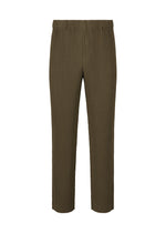 The TAILORED PLEATS 3 by HOMME PLISSÉ ISSEY MIYAKE are olive green straight pants in quick-drying polyester, with an elastic waistband, pleated front, and cropped legs—versatile for any setting. Shown against a white background. - GENOVA METAL OCHER （no.37）