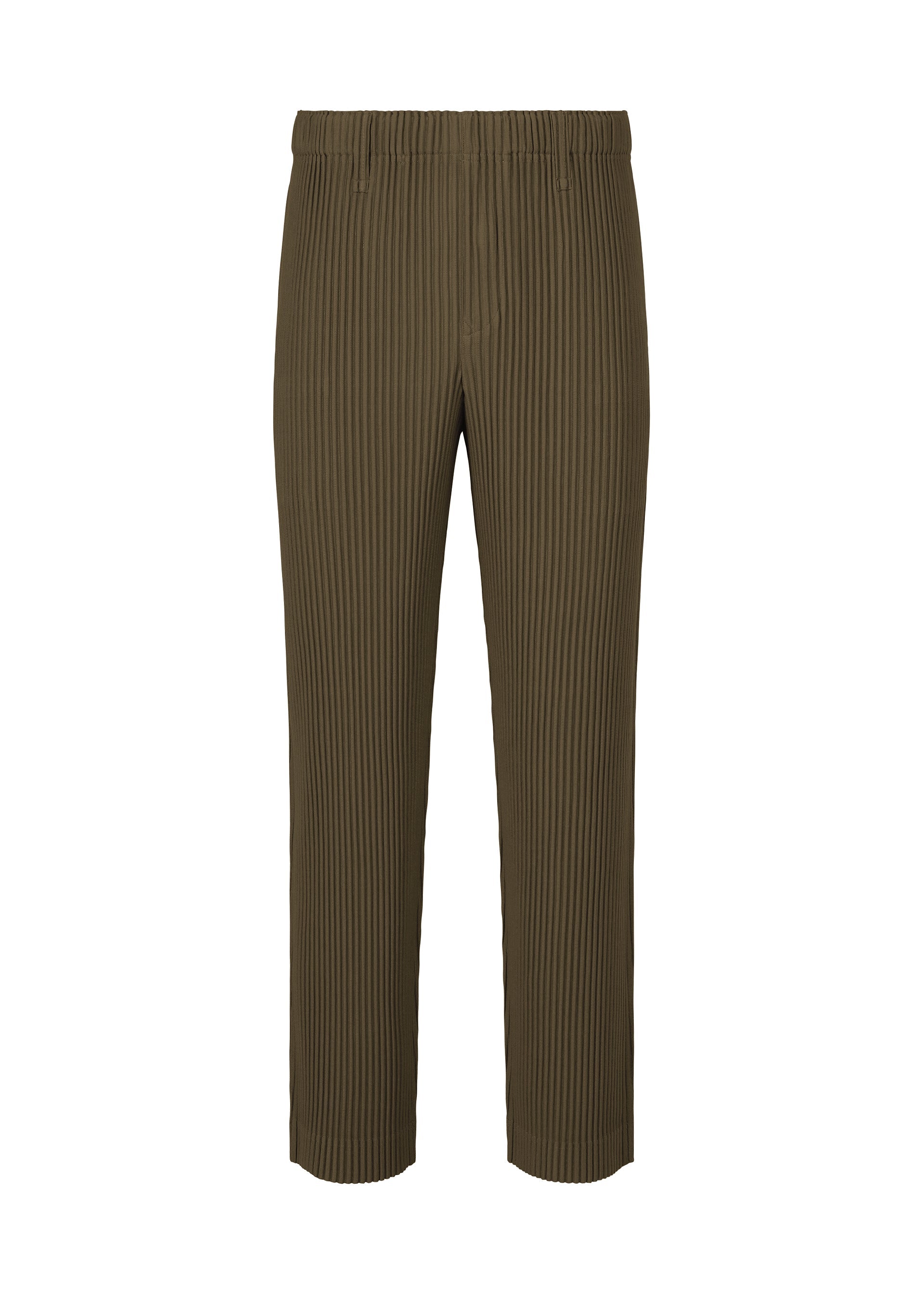 Zoomed view The TAILORED PLEATS 3 by HOMME PLISSÉ ISSEY MIYAKE are olive green straight pants in quick-drying polyester, with an elastic waistband, pleated front, and cropped legs—versatile for any setting. Shown against a white background. - GENOVA METAL OCHER （no.37）
