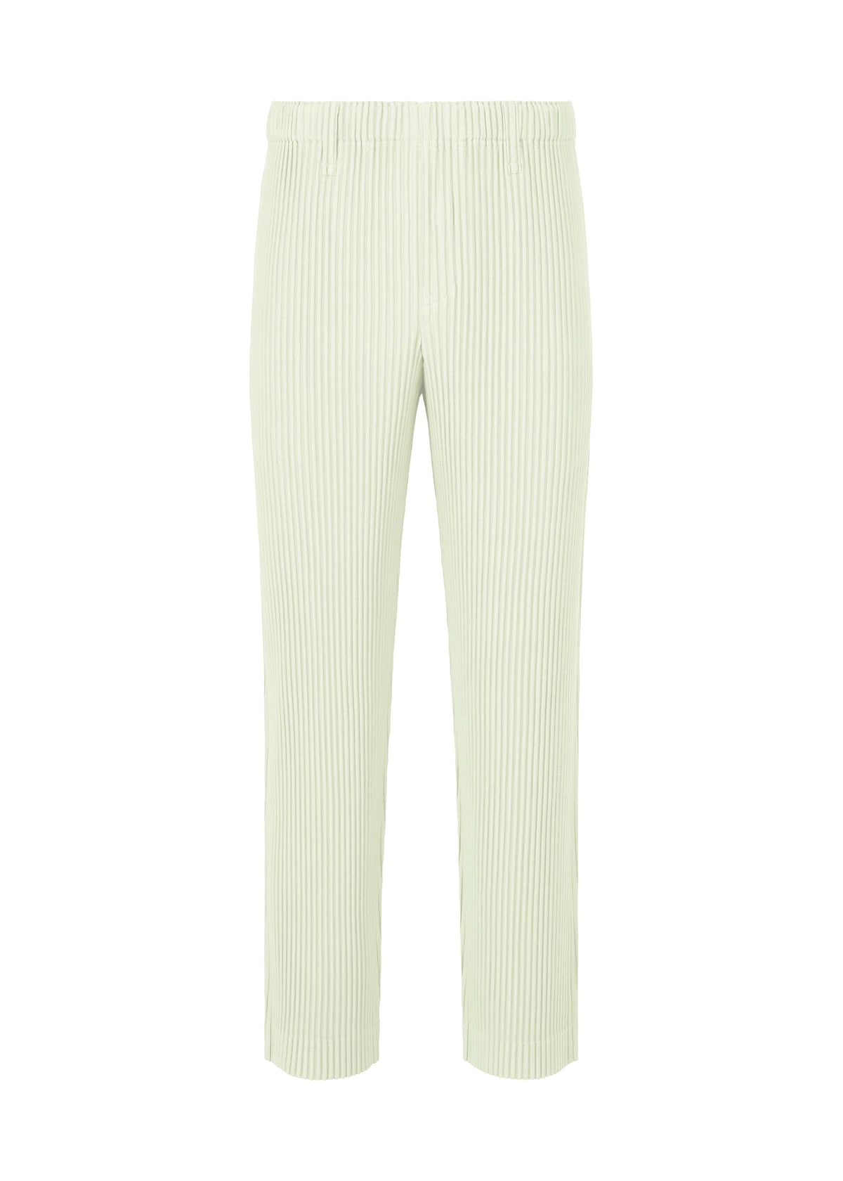 TAILORED PLEATS 3 by HOMME PLISSÉ ISSEY MIYAKE: light beige, high-waisted straight pants in quick-drying polyester with an elastic waistband and vertical ribbed texture, shown against a white background. view 3 of 7