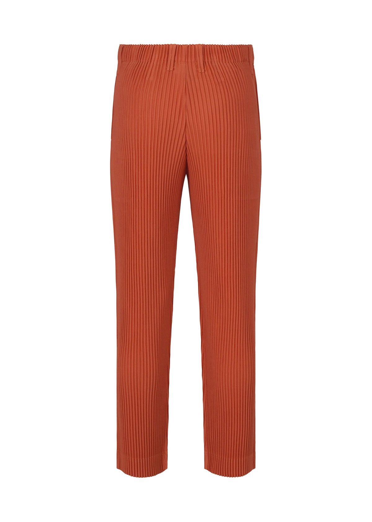 The TAILORED PLEATS 3 pants by HOMME PLISSÉ ISSEY MIYAKE are rust-orange, straight-leg trousers with an elastic waistband and quick-drying polyester, shown on a plain white background. view 4 of 7