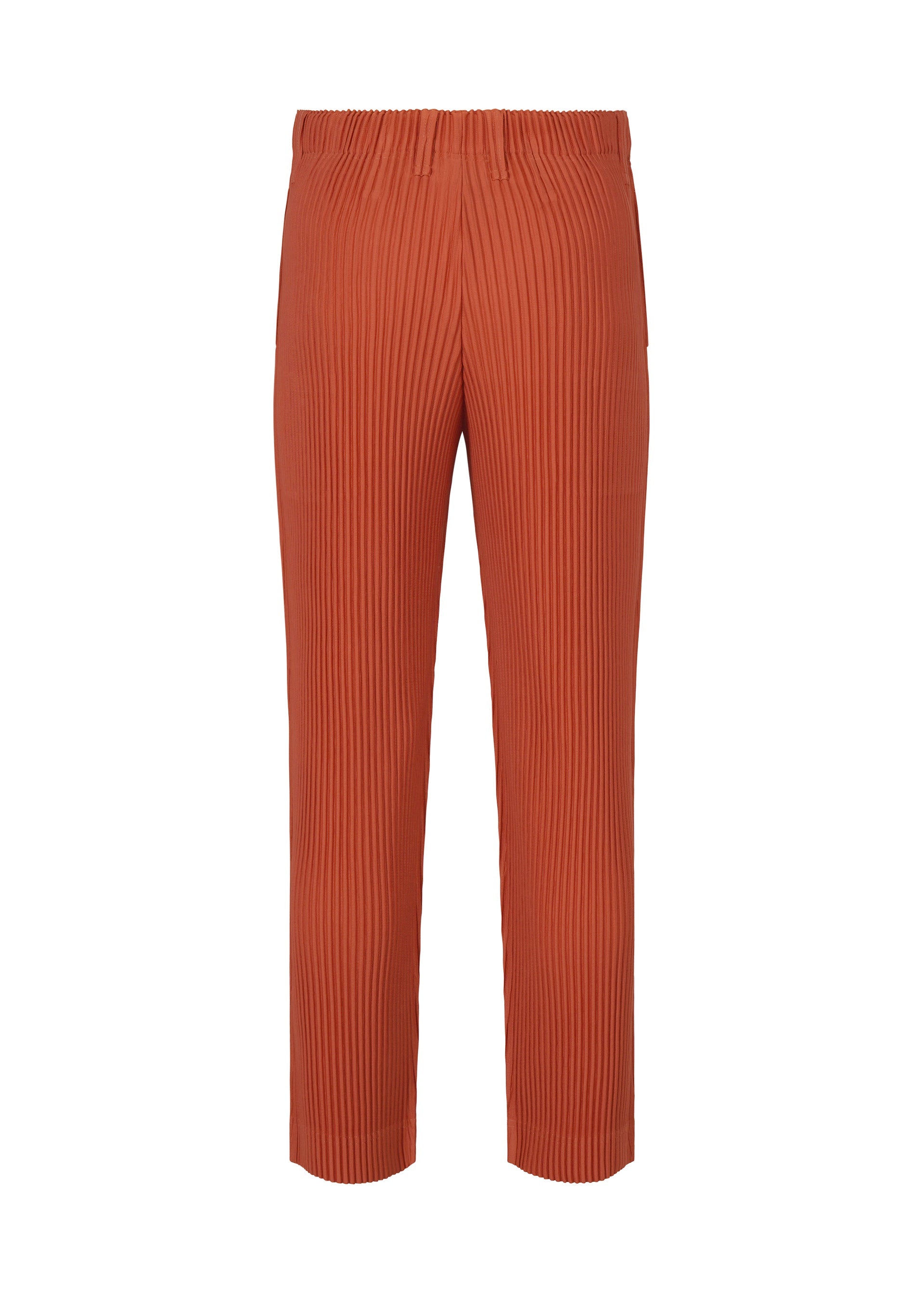 Zoomed view The TAILORED PLEATS 3 pants by HOMME PLISSÉ ISSEY MIYAKE are rust-orange, straight-leg trousers with an elastic waistband and quick-drying polyester, shown on a plain white background.