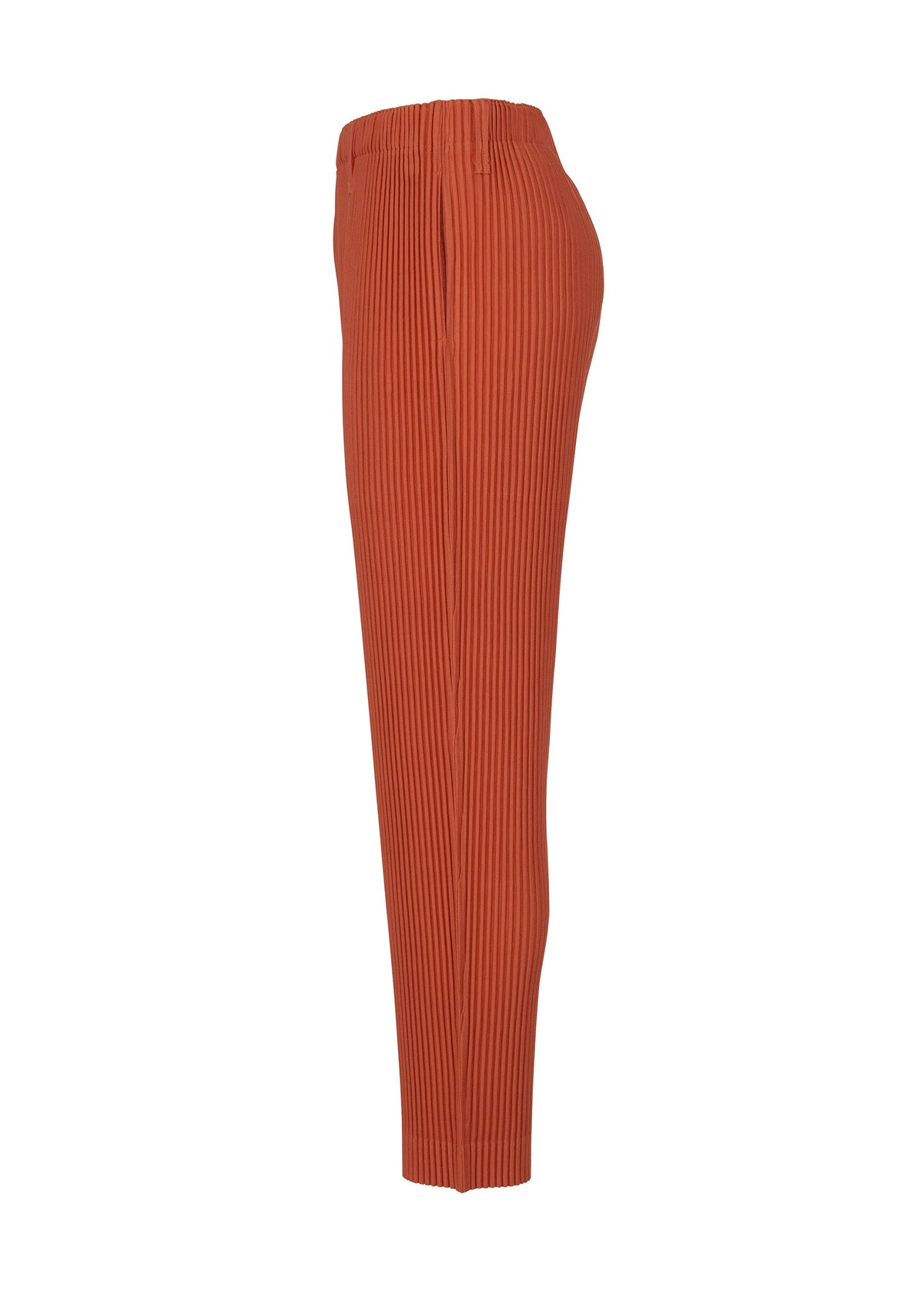 Side view of the TAILORED PLEATS 3 high-waisted, straight pants in rust by HOMME PLISSÉ ISSEY MIYAKE, featuring vertical pleats and quick-drying polyester, displayed against a white background. view 5 of 7