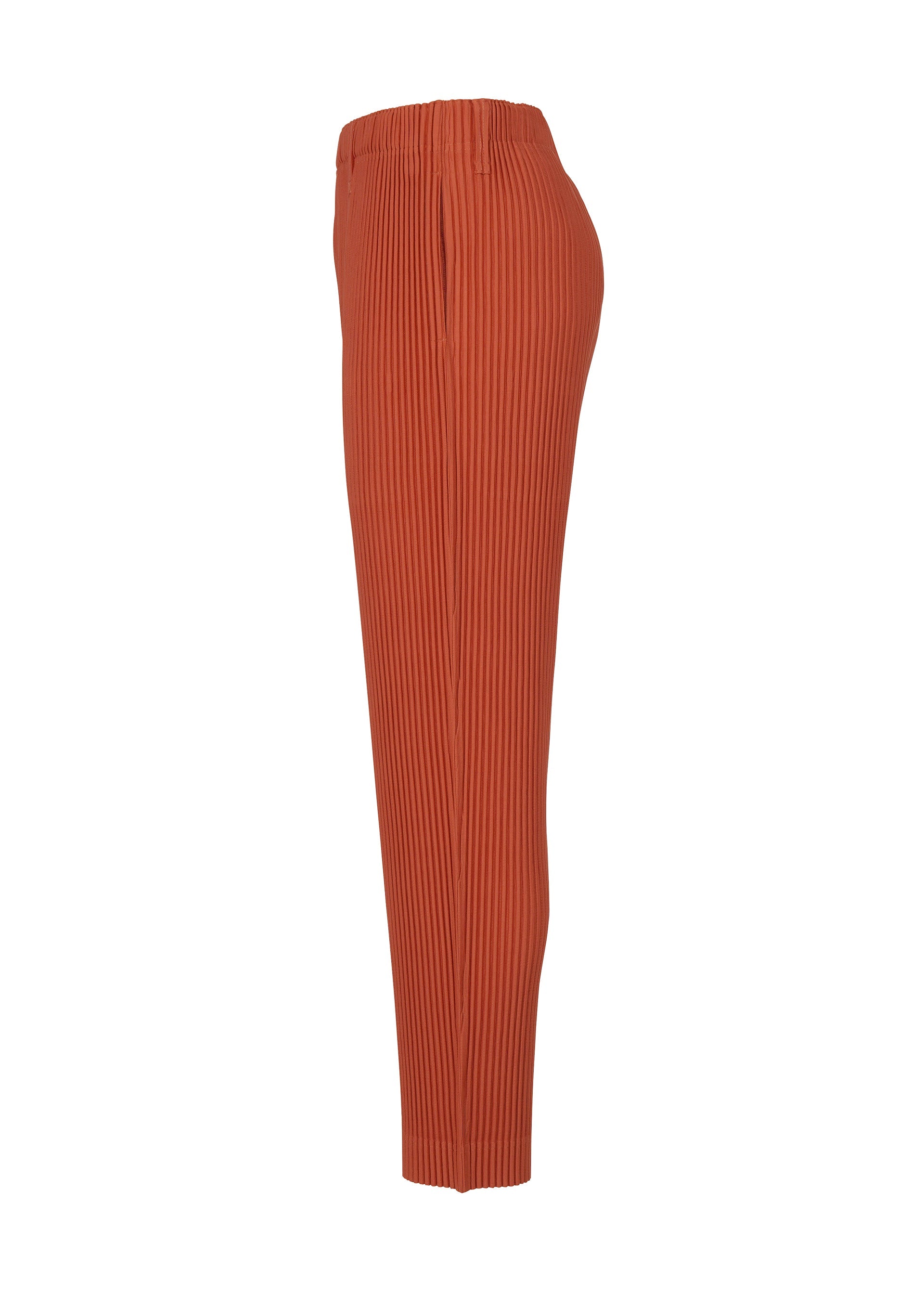 Zoomed view Side view of the TAILORED PLEATS 3 high-waisted, straight pants in rust by HOMME PLISSÉ ISSEY MIYAKE, featuring vertical pleats and quick-drying polyester, displayed against a white background.