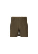 The TAILORED PLEATS 3 shorts by HOMME PLISSÉ ISSEY MIYAKE feature olive green ribbed polyester, a high waist, belt loops, and vertical pleats, shown against a plain white background. - GENOVA METAL OCHER （no.37）