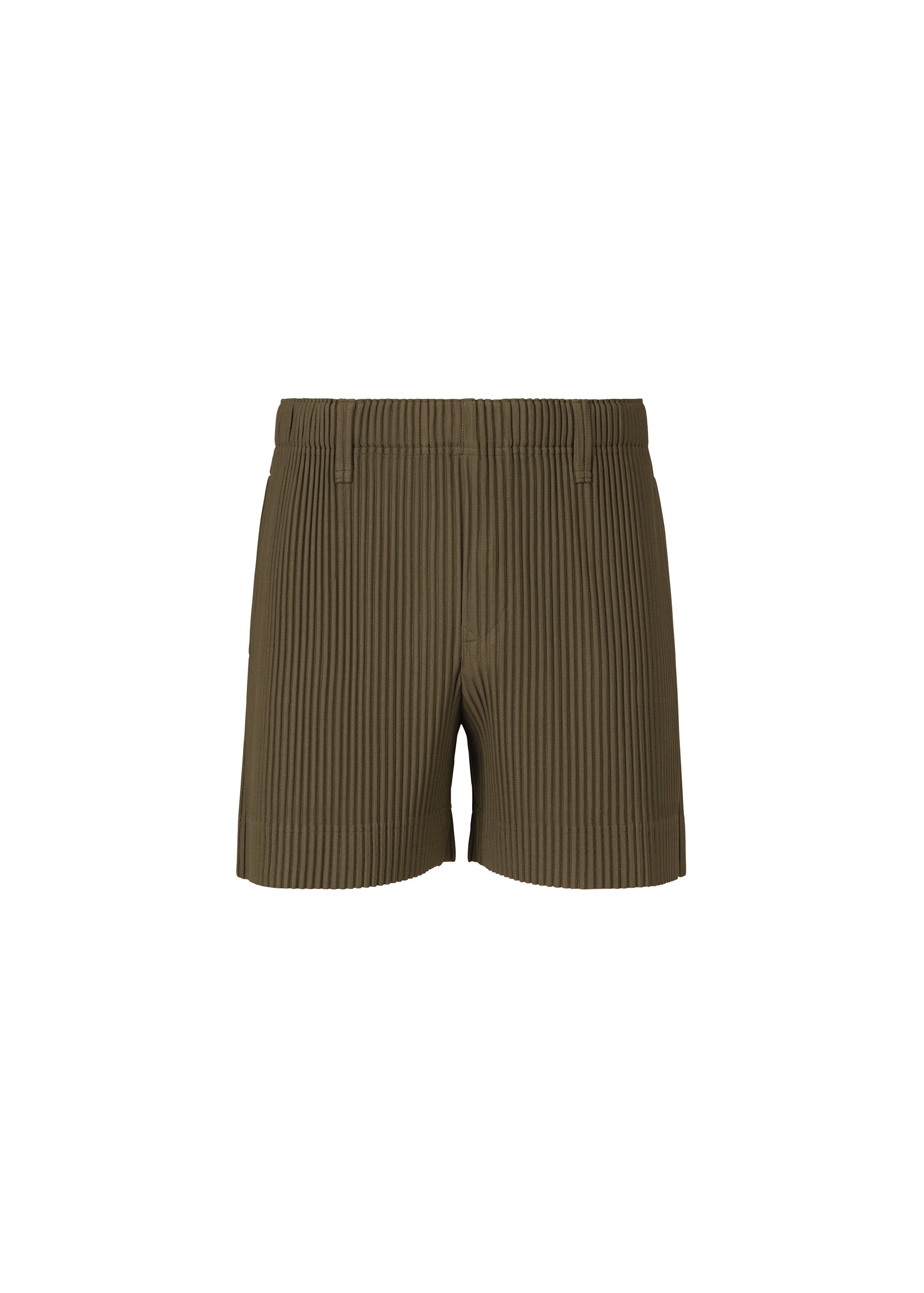 Zoomed view The TAILORED PLEATS 3 shorts by HOMME PLISSÉ ISSEY MIYAKE feature olive green ribbed polyester, a high waist, belt loops, and vertical pleats, shown against a plain white background. - GENOVA METAL OCHER （no.37）
