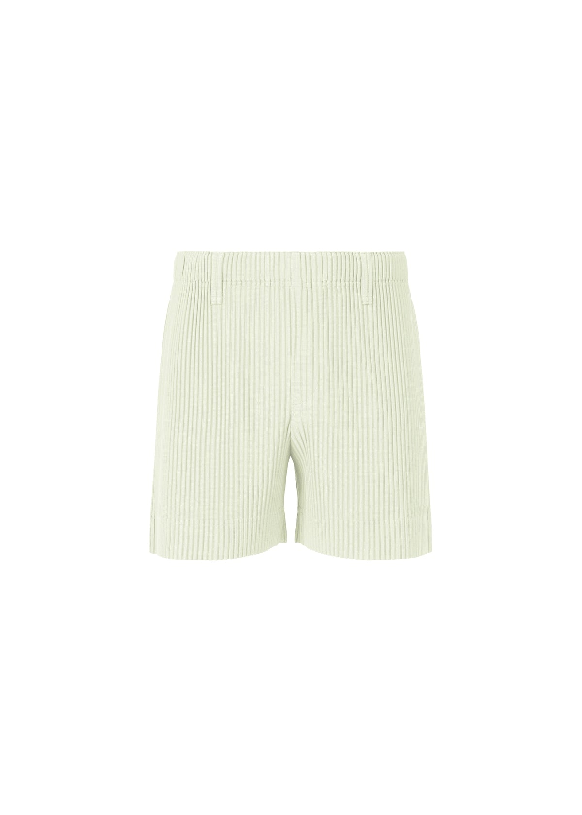 TAILORED PLEATS 3 shorts by HOMME PLISSÉ ISSEY MIYAKE in light green ribbed polyester, featuring an elastic waistband and belt loops. Shown on a white background, ideal for pairing as a two-piece outfit. view 4 of 8