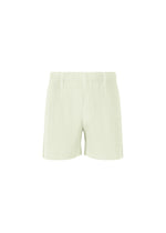 TAILORED PLEATS 3 shorts by HOMME PLISSÉ ISSEY MIYAKE in light green ribbed polyester, featuring an elastic waistband and belt loops. Shown on a white background, ideal for pairing as a two-piece outfit. - DUOMO GREEN （no.60）