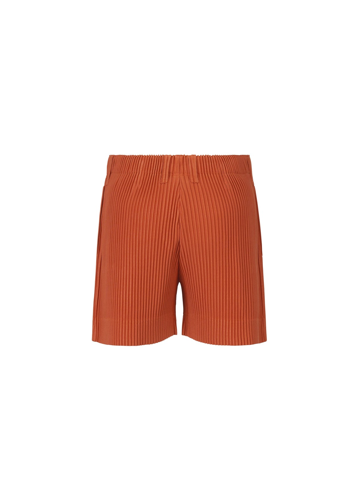 The TAILORED PLEATS 3 shorts by HOMME PLISSÉ ISSEY MIYAKE feature orange pleated polyester, a high waist, and an elastic band—ideal for pairing in a coordinated two-piece outfit. view 5 of 8