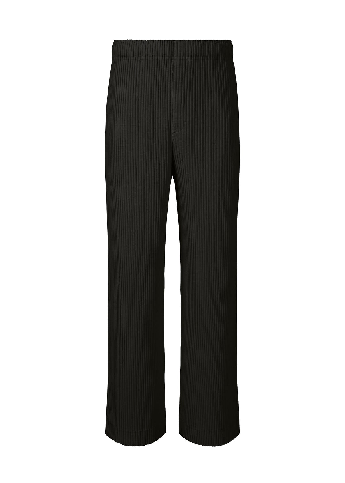 The COLOR PLEATS 1 pants by HOMME PLISSÉ ISSEY MIYAKE are black straight-leg pleated jersey trousers with subtle vertical pinstripes, a relaxed silhouette, and an elastic waistband, shown against a white background. view 2 of 8