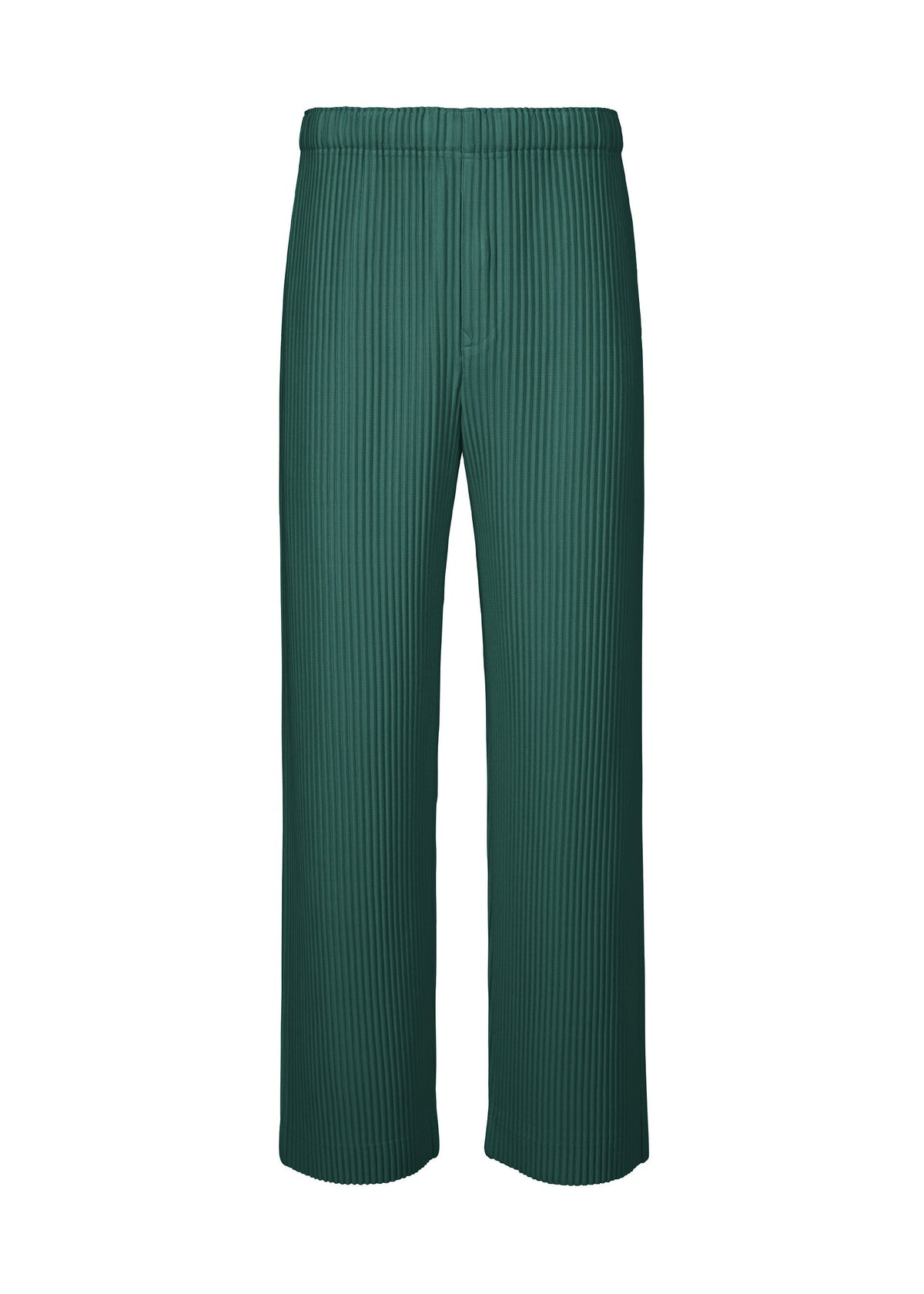 COLOR PLEATS 1 by HOMME PLISSÉ ISSEY MIYAKE: green wide-leg pleated jersey pants with vertical pinstripes, a relaxed fit, and elastic waistband, shown against a white background. view 3 of 8