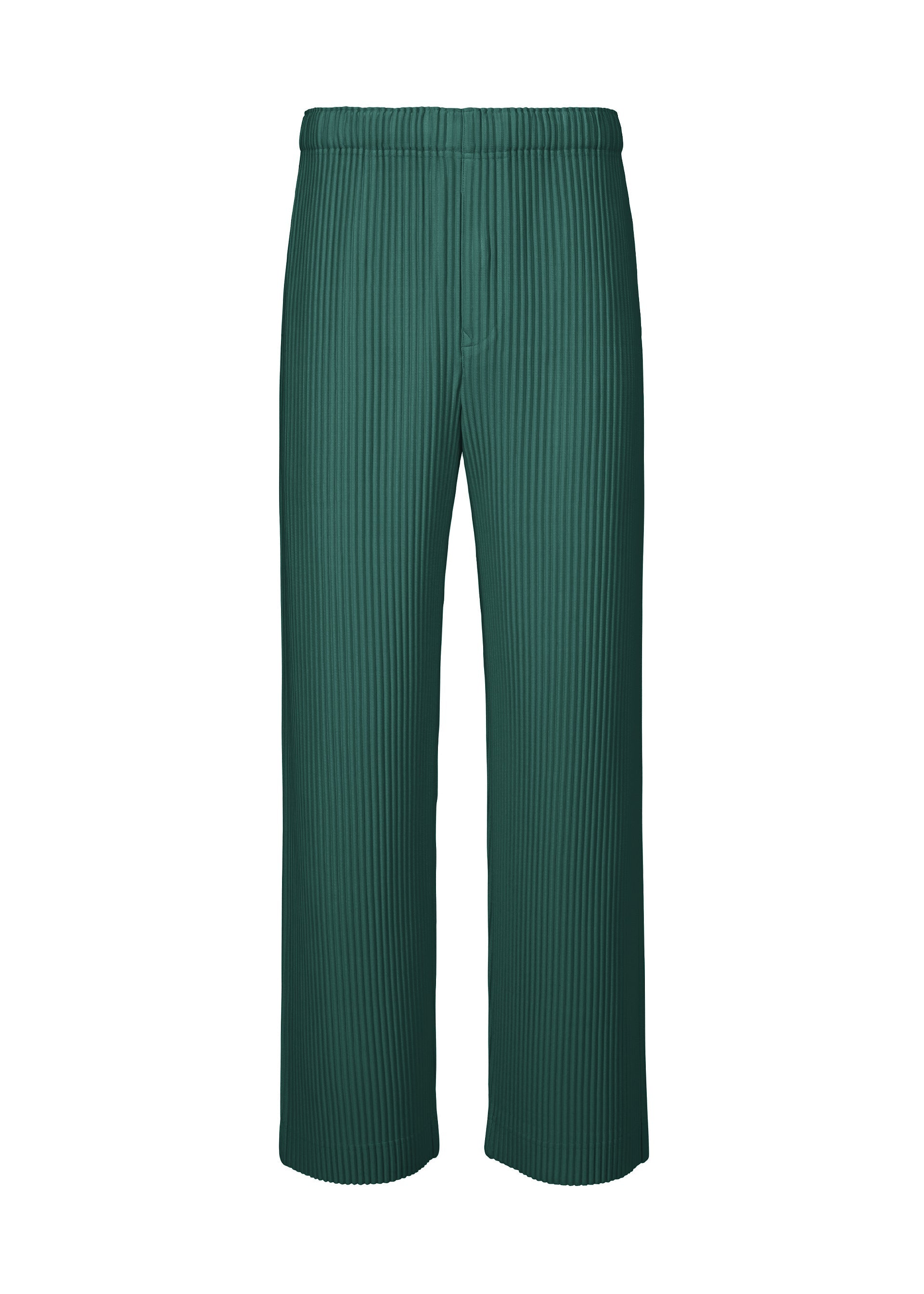 Zoomed view COLOR PLEATS 1 by HOMME PLISSÉ ISSEY MIYAKE: green wide-leg pleated jersey pants with vertical pinstripes, a relaxed fit, and elastic waistband, shown against a white background. - PF OCEAN BLUE （no.78）